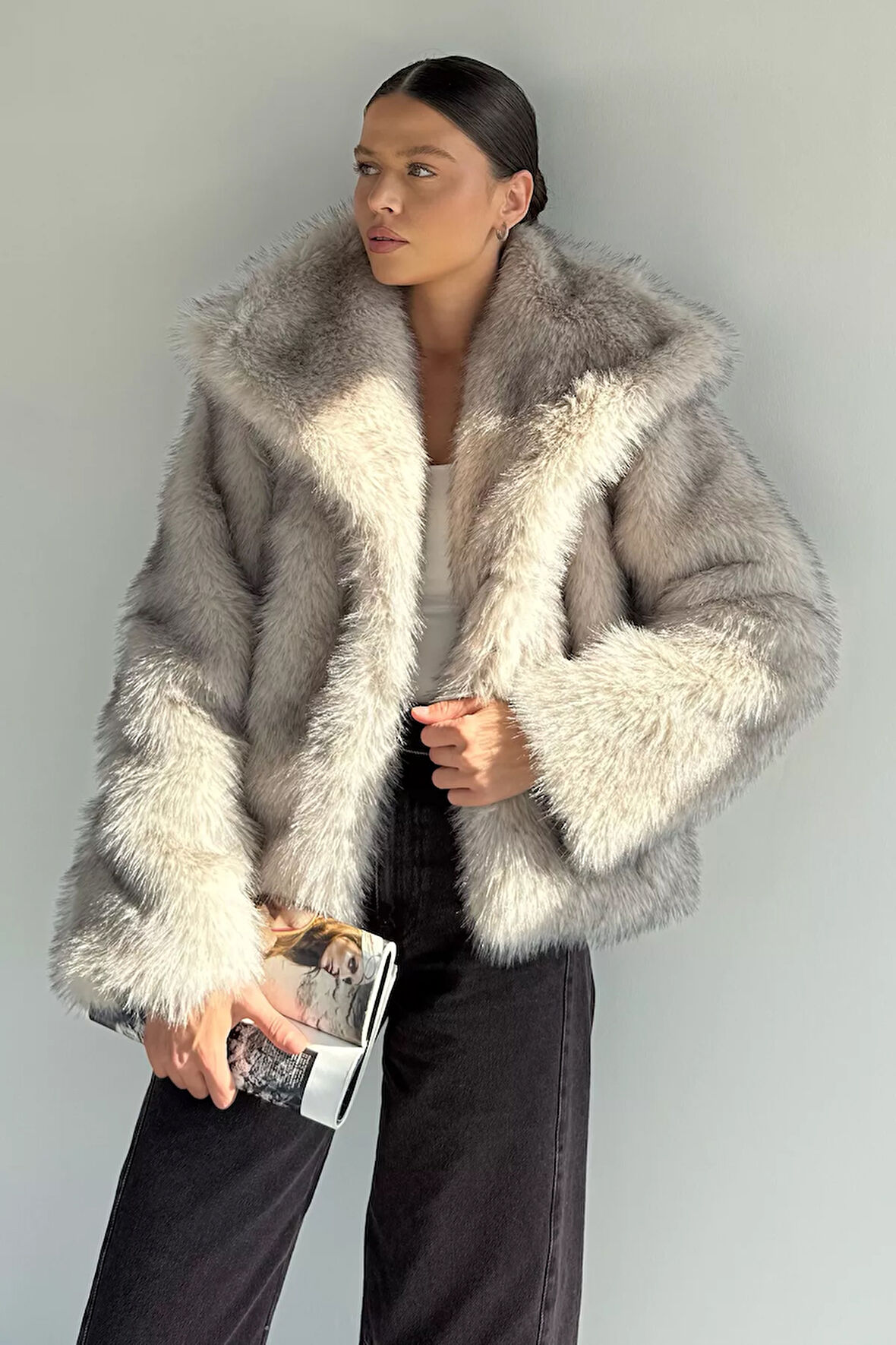 Kadın Şal Yaka İç Astarlı Saçaklı Kürklü Mont