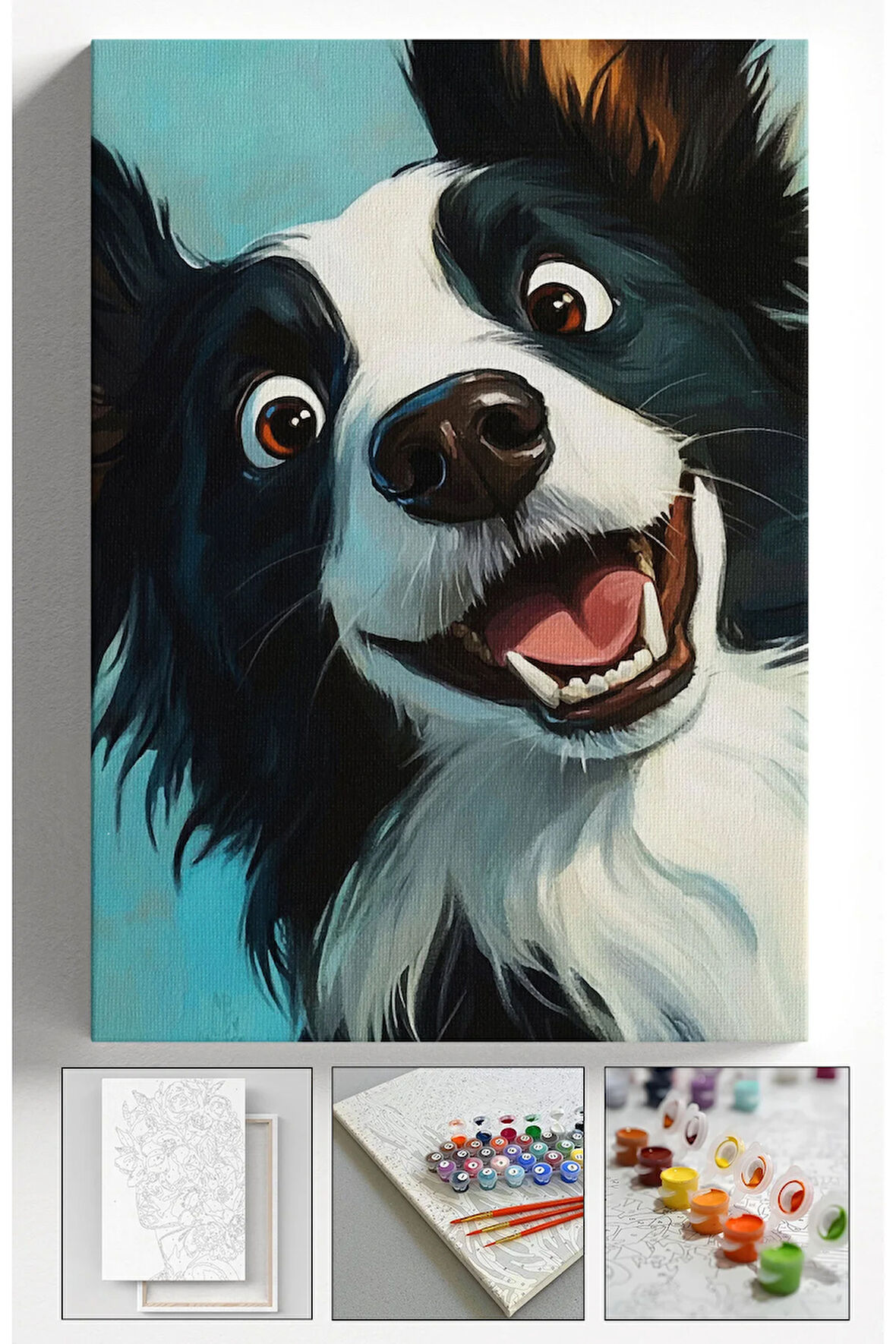 Sayılarla Boyama Hobi Seti Çerçeveli Numaralı Tuval Fırça Boya Dahil Kasnaklı GÜLEN KÖPEK 40x50 Cm