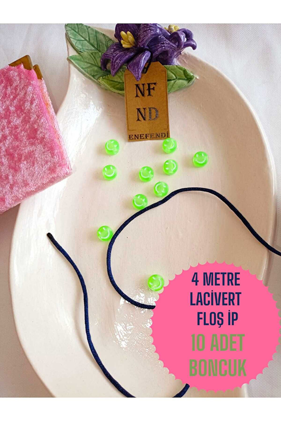 4 METRE LACİVERT FLOŞ İP VE 10 ADET GÜLEN YÜZ YEŞİL BONCUK BİLEKLİK APARATI SERT PLASTİK HEDİYE