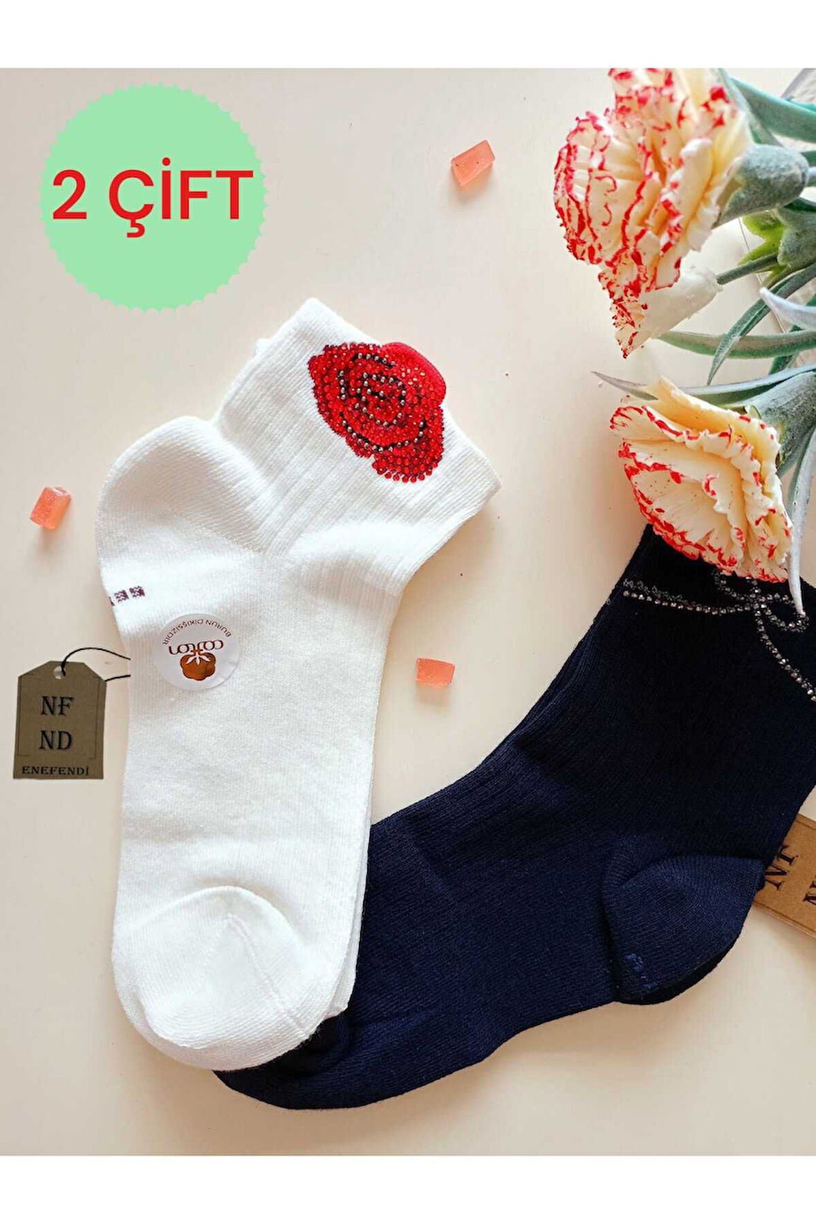 2ÇİFT PAMUKLU BURUN DİKİŞSİZ GÜLTAŞLI KOKULU LİKRALI KISAKONÇ ÇORAP EKRU LACİVERT KADIN ÇORABI 36-40