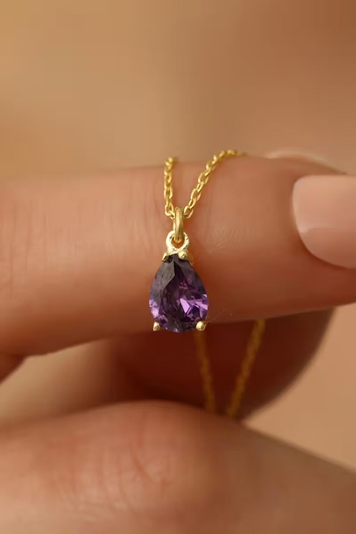 925 Ayar Gümüş Mor Taşlı Damla Kolye