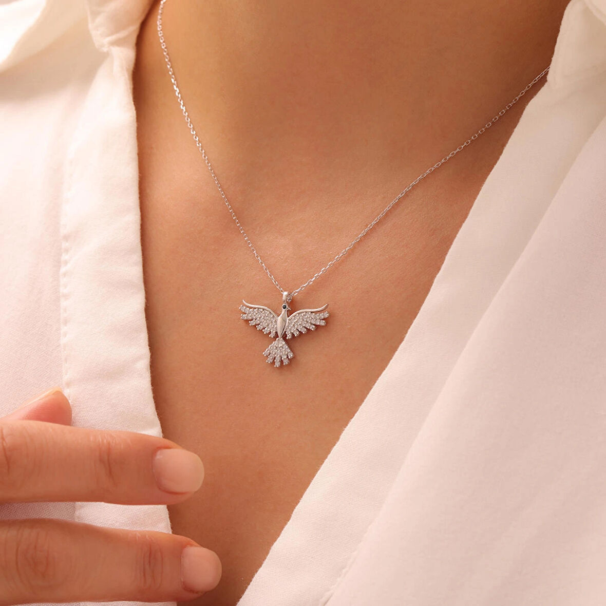 925 Ayar Gümüş Zirkon Taşlı Anka Kuşu Kolye (Silver)