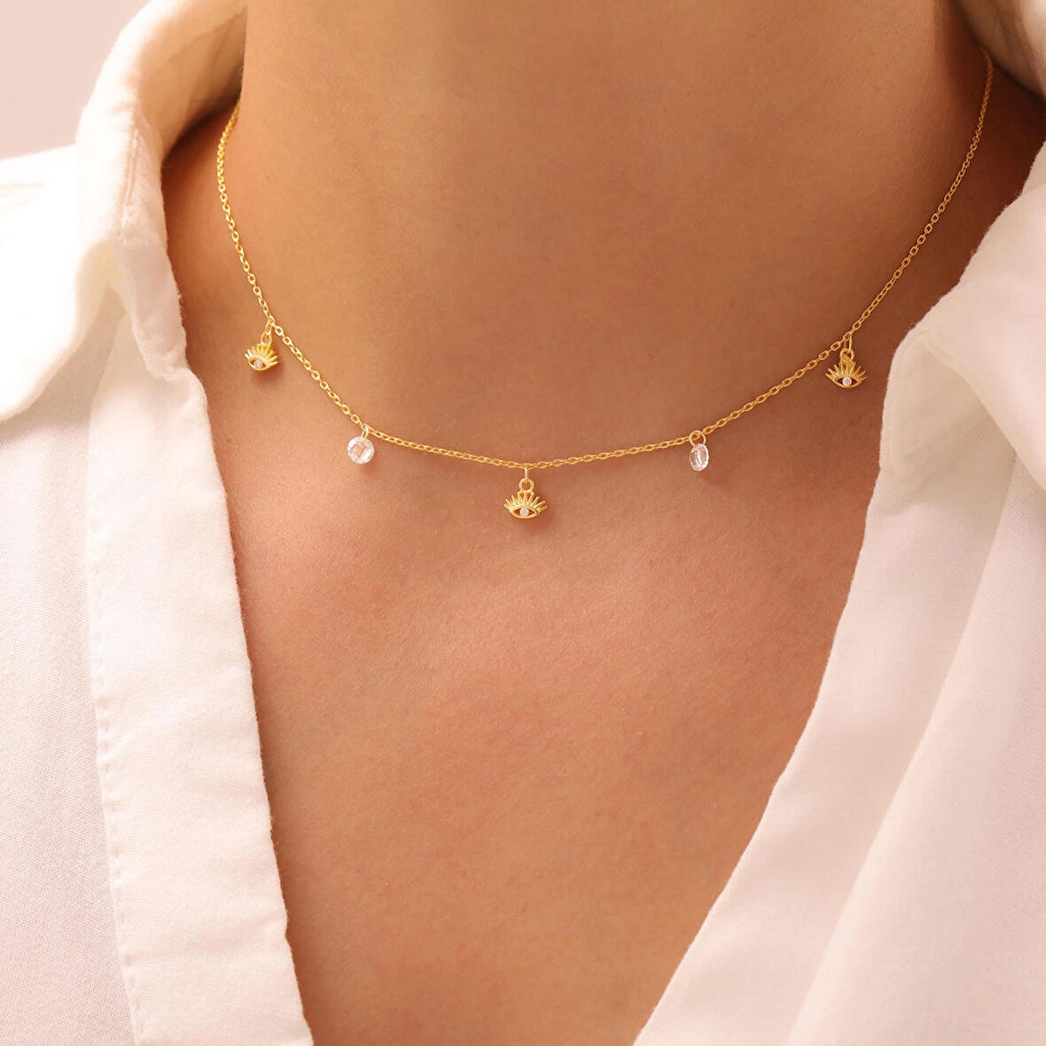 925 Ayar Gümüş Nazarlı Şans Charm Kolye (Gold)