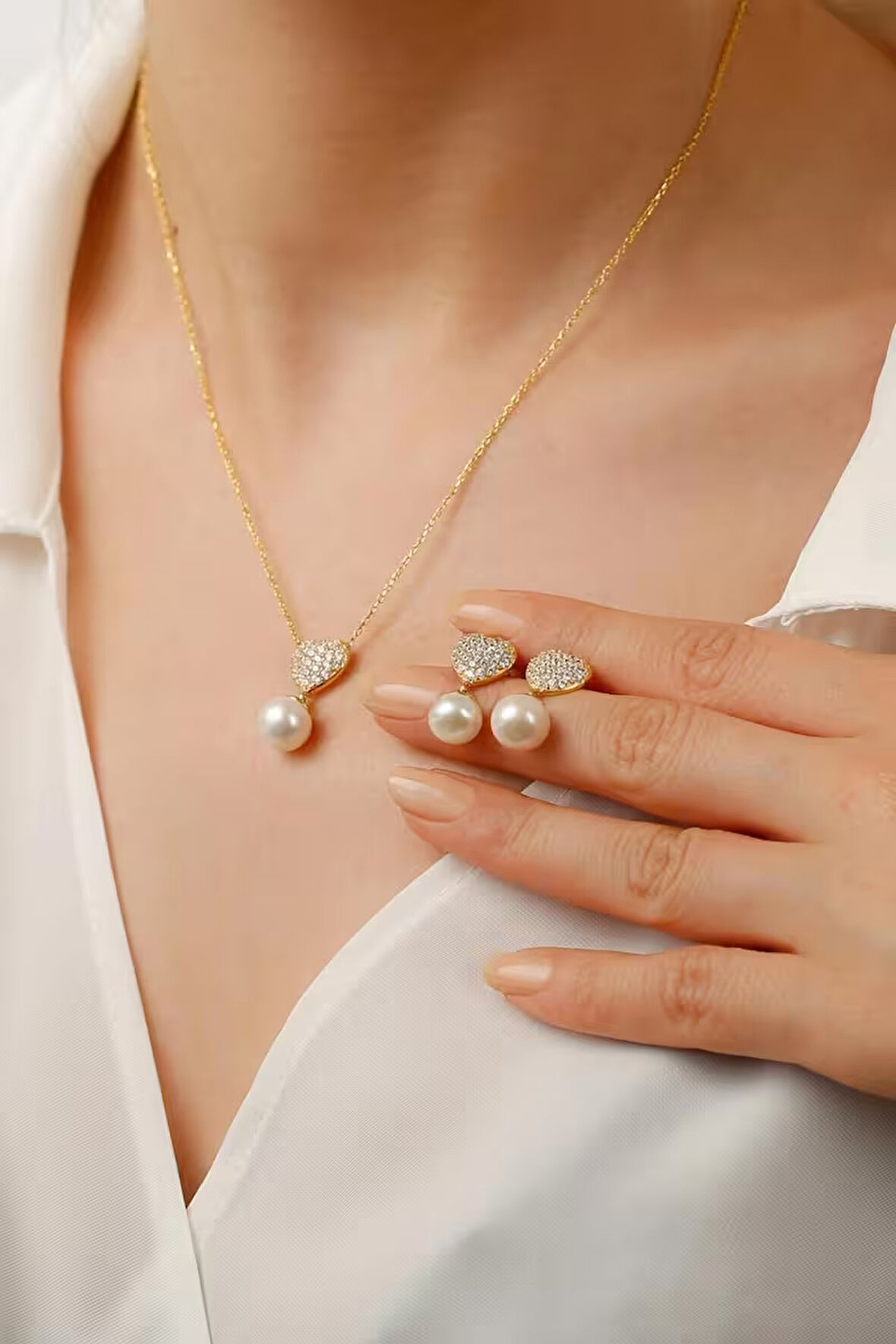 925 Ayar Gümüş Beyaz Taşlı İnci Takı Seti