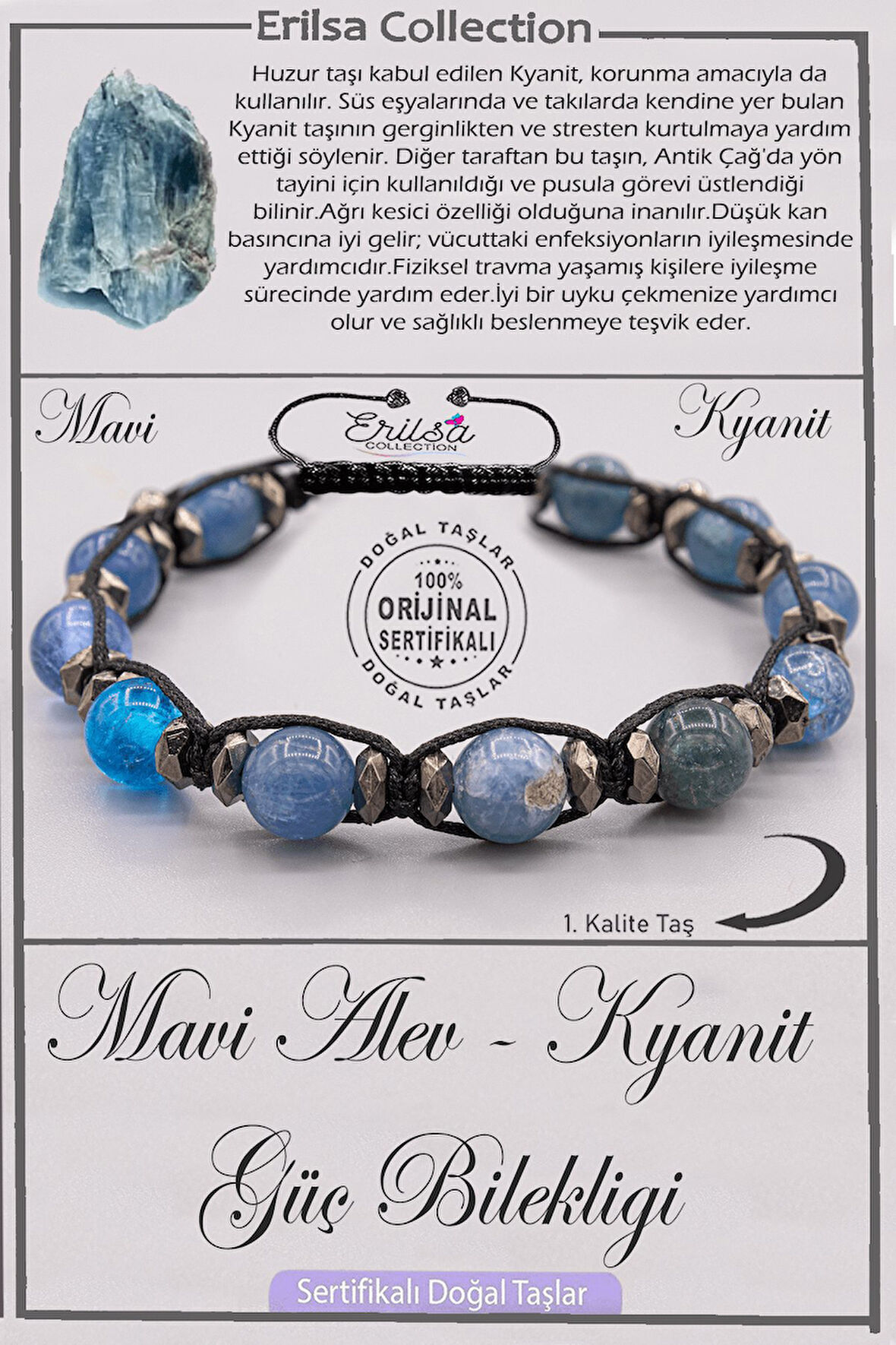 Sertifikalı AAA+ Kalite Doğal Terahertz - Kyanit Mavi Alev Güç Bilekliği