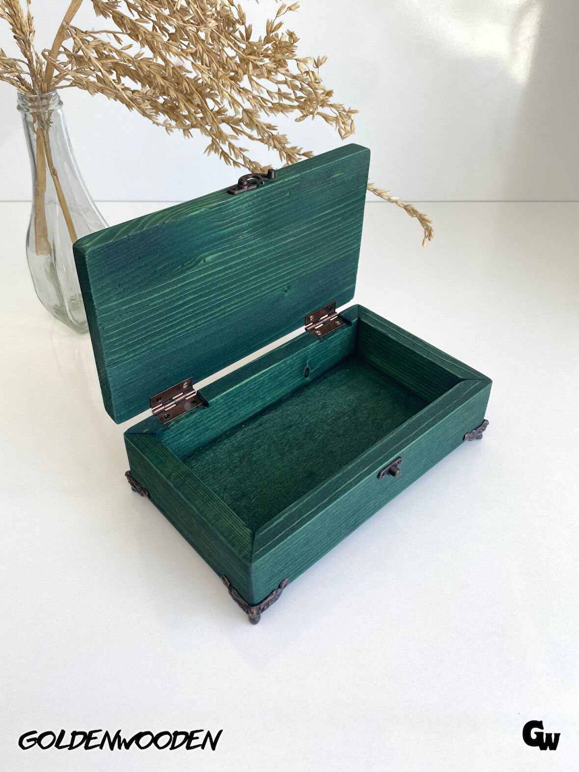 Doğal Ahşap Takı Kutusu Ahşap Saklama Kutusu(YEŞİL)(BEYAZ ÇAM)(BOY:20CM EN:12CM YÜK:6,5CM)