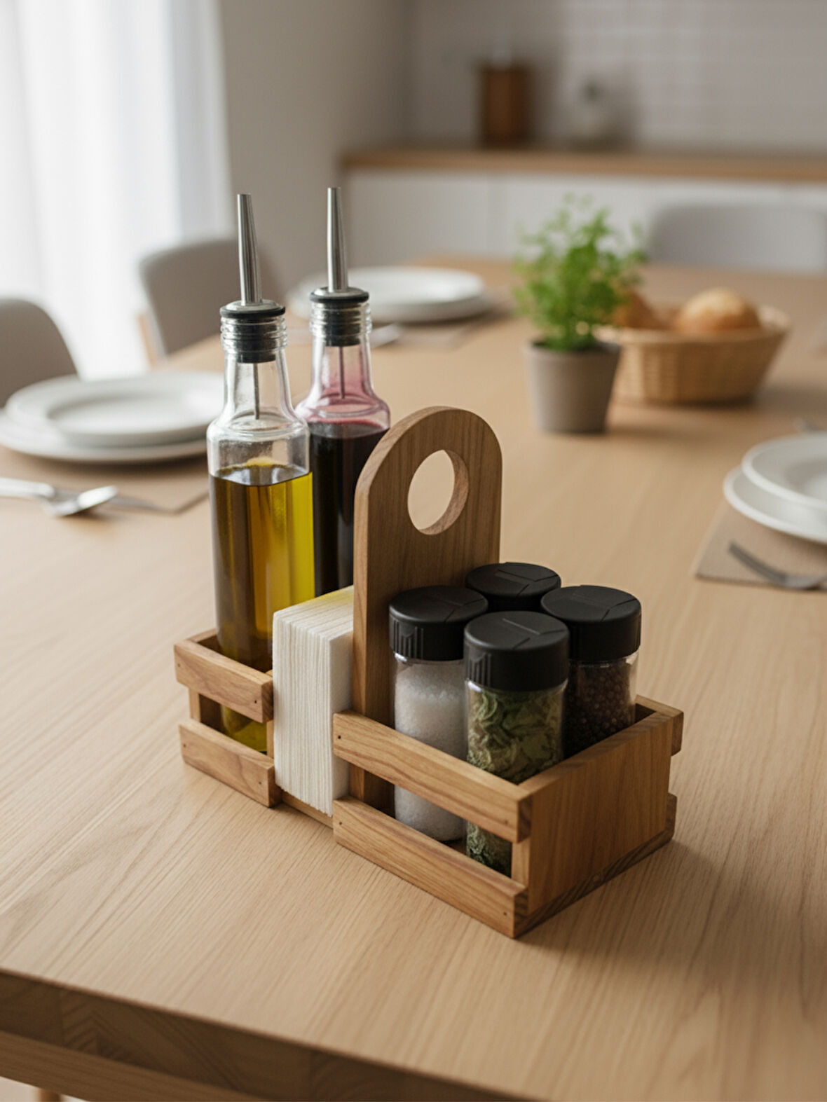 Ahşap Doğal Baharatlık Yağdanlık ve Peçetelik Takımı(UZUN BAŞLIK)(SET)(KİRAZ)(1 SET)
