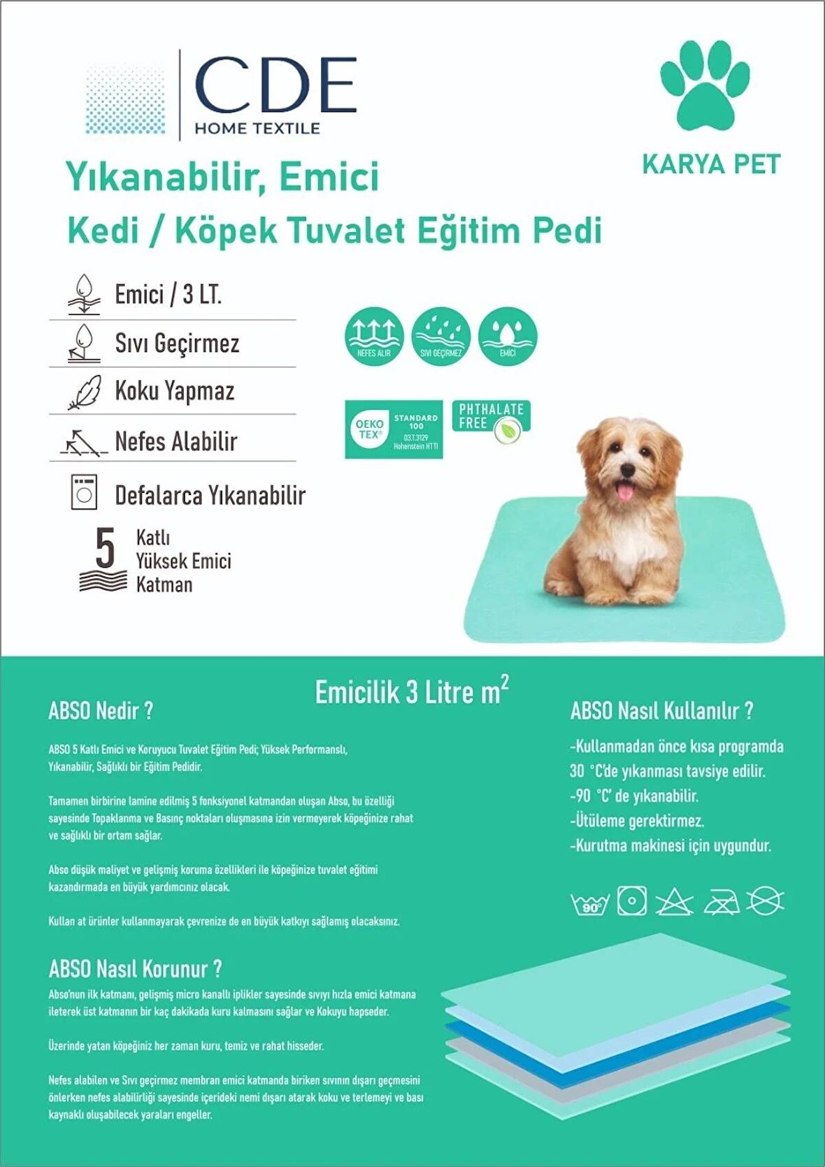 Sıvı geçirmez, yıkanabilir köpek çiş pedi 75x90 cm