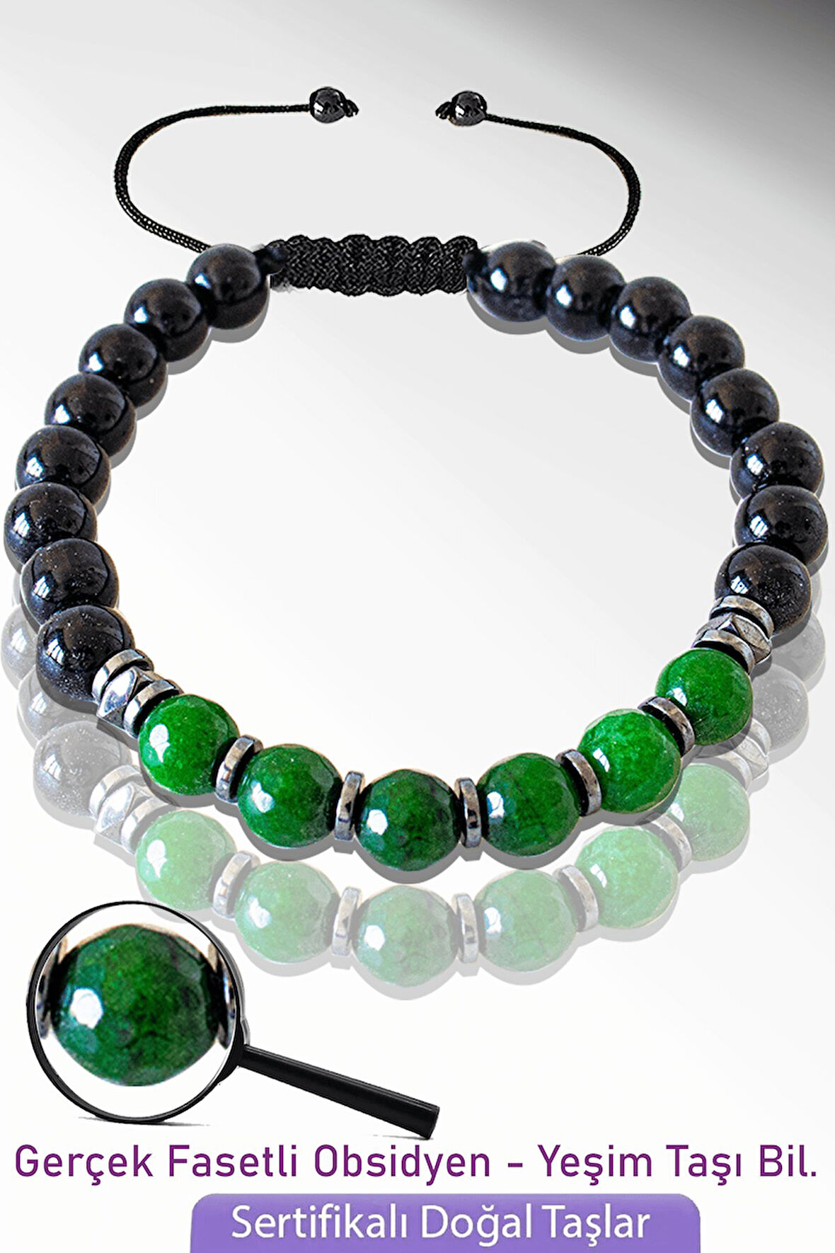  Sertifikalı Gerçek Doğal Obsidyen - Fasetli Yeşim Taşı Bileklik - Ayarlamalı