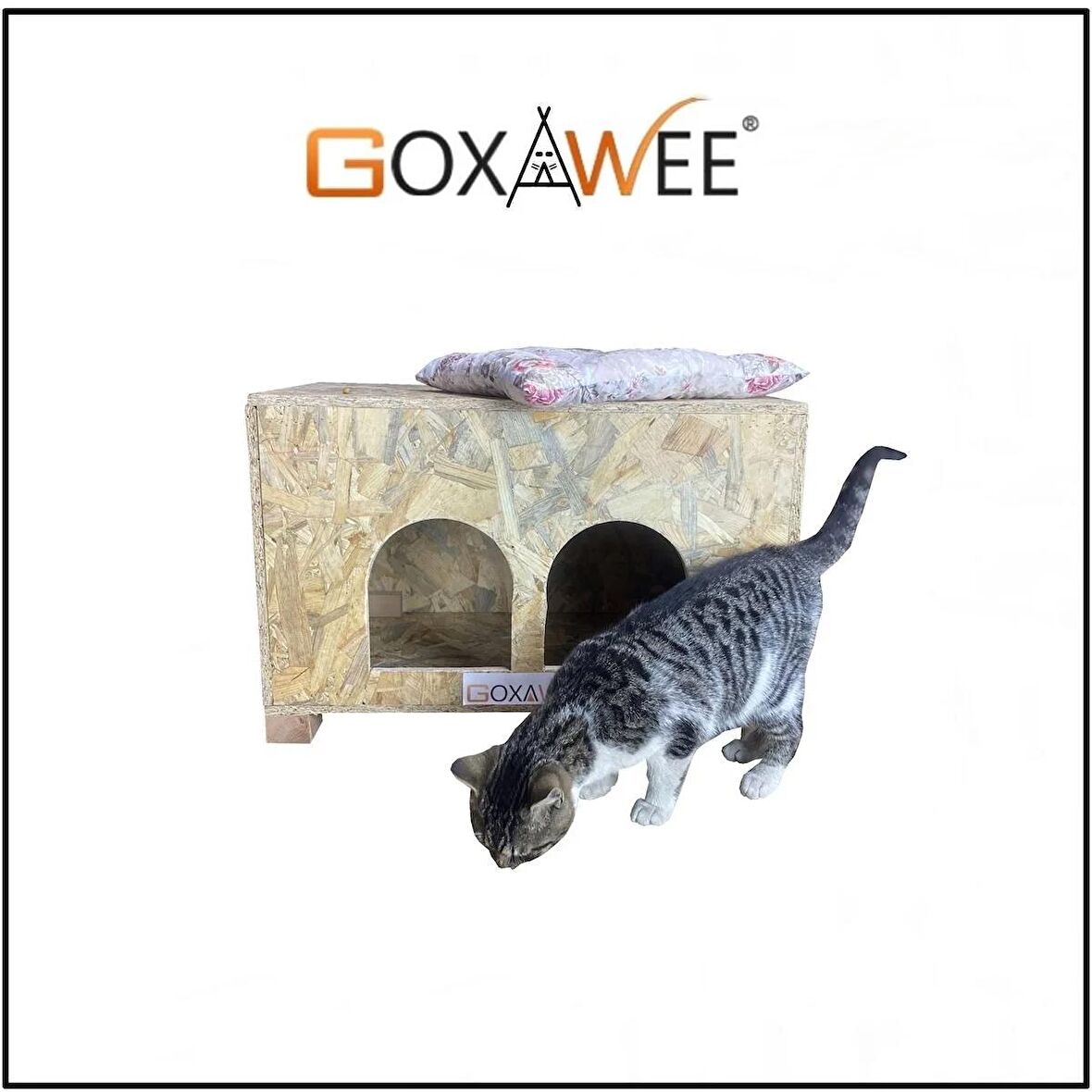 Goxawee Dizayn Kedi Evi Dış Ortam Uygun Ahşap Kedi Evi Double OSB 61x41x36 cm (Minder Hediyeli)