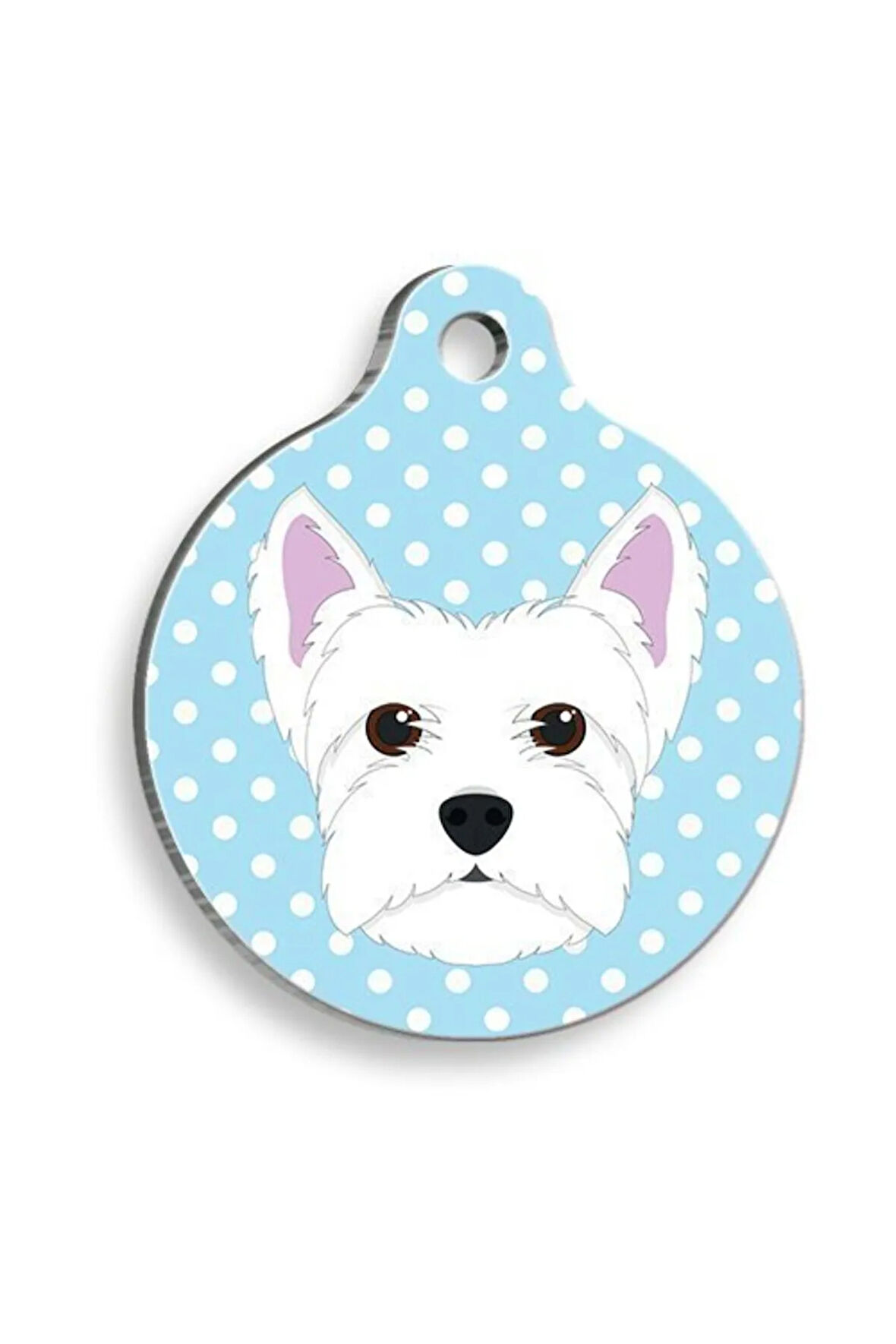 Mavi Puantiyeli Batı Highland Beyaz Terrier Yuvarlak Köpek Künyesi Medium: 3 cm.