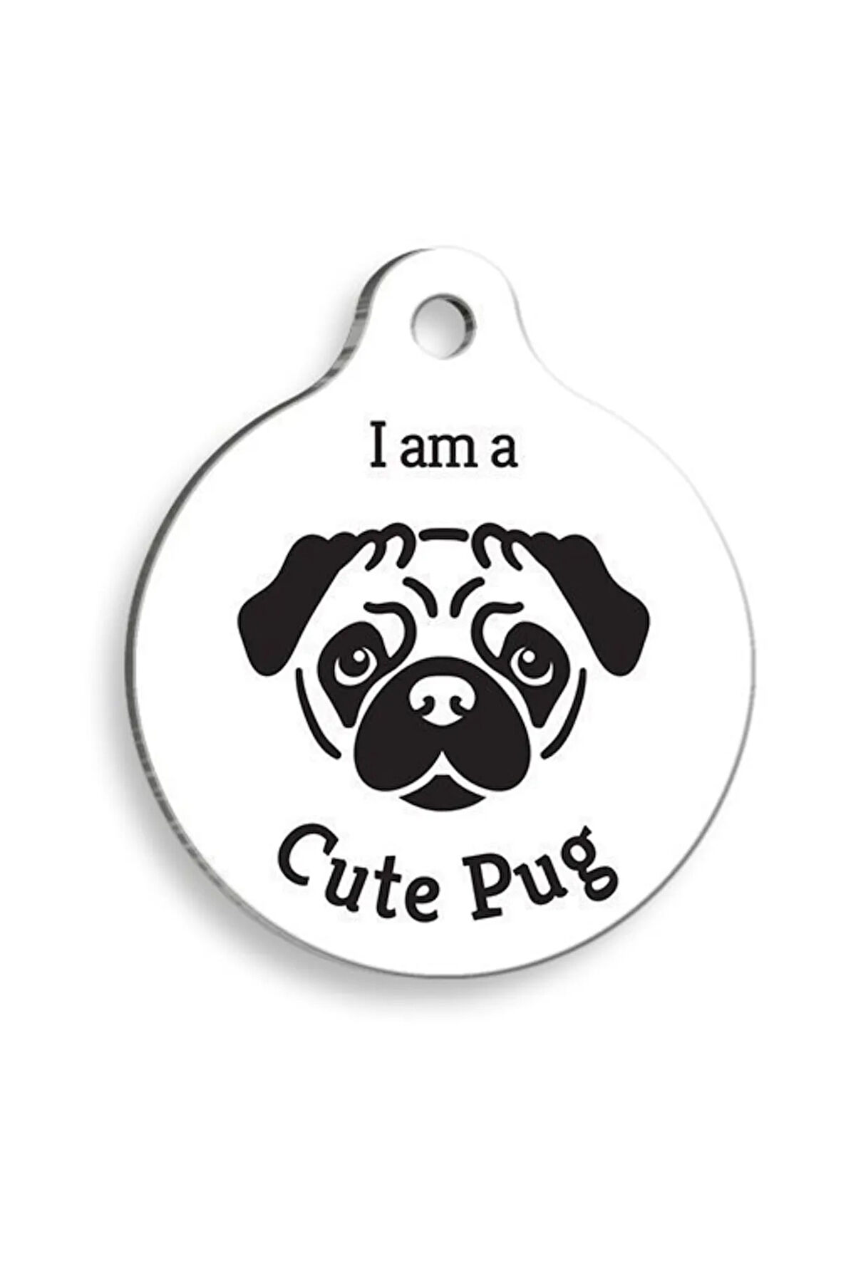 Beyaz Pug Yuvarlak Köpek Künyesi Medium: 3 cm.