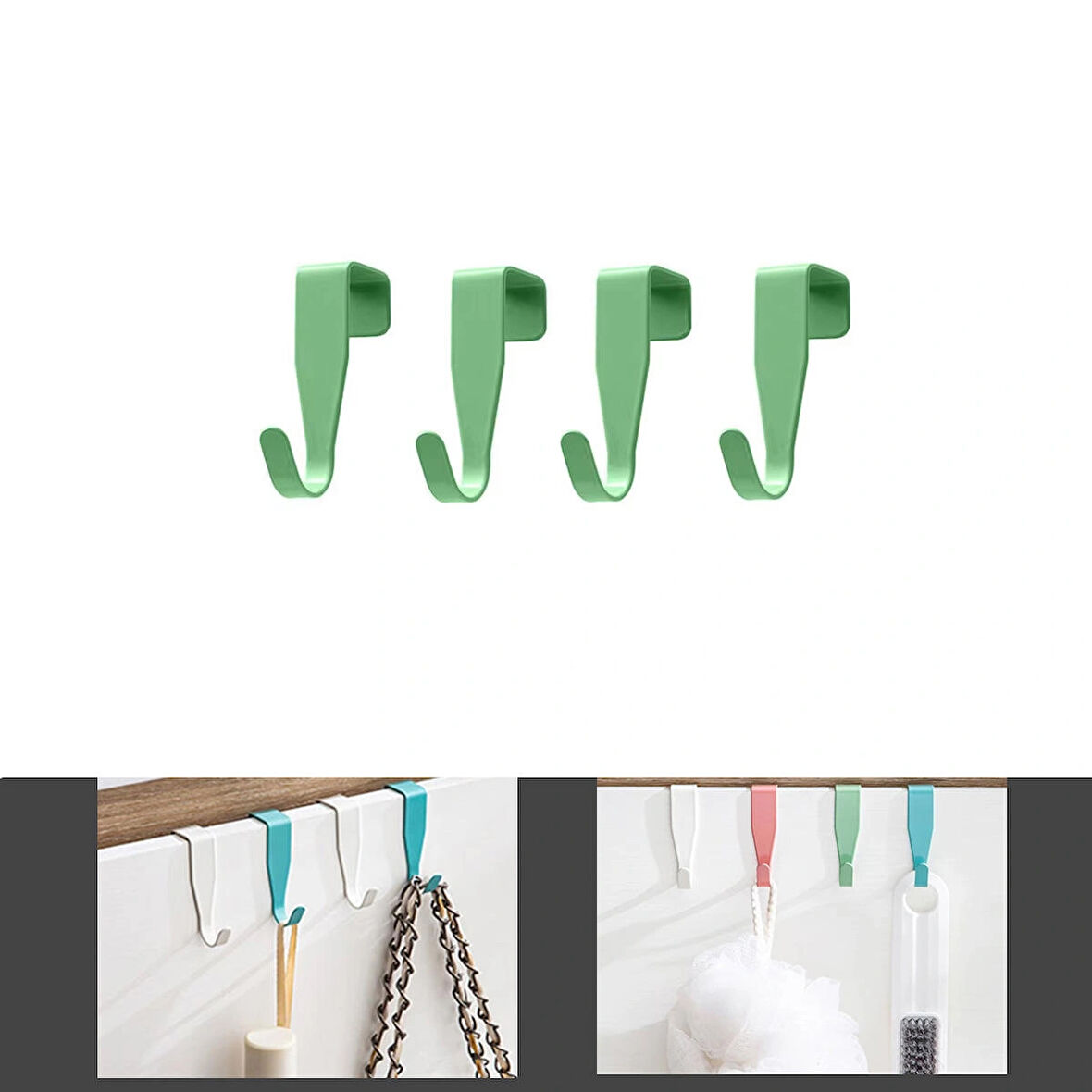 Microcase Sert ABS Plastik Çok Amaçlı Mutfak Dolabı Kapı Duşakabin vb Alanlar için Plastik Askılık Kanca 4lü Set - YEŞİL AL4988
