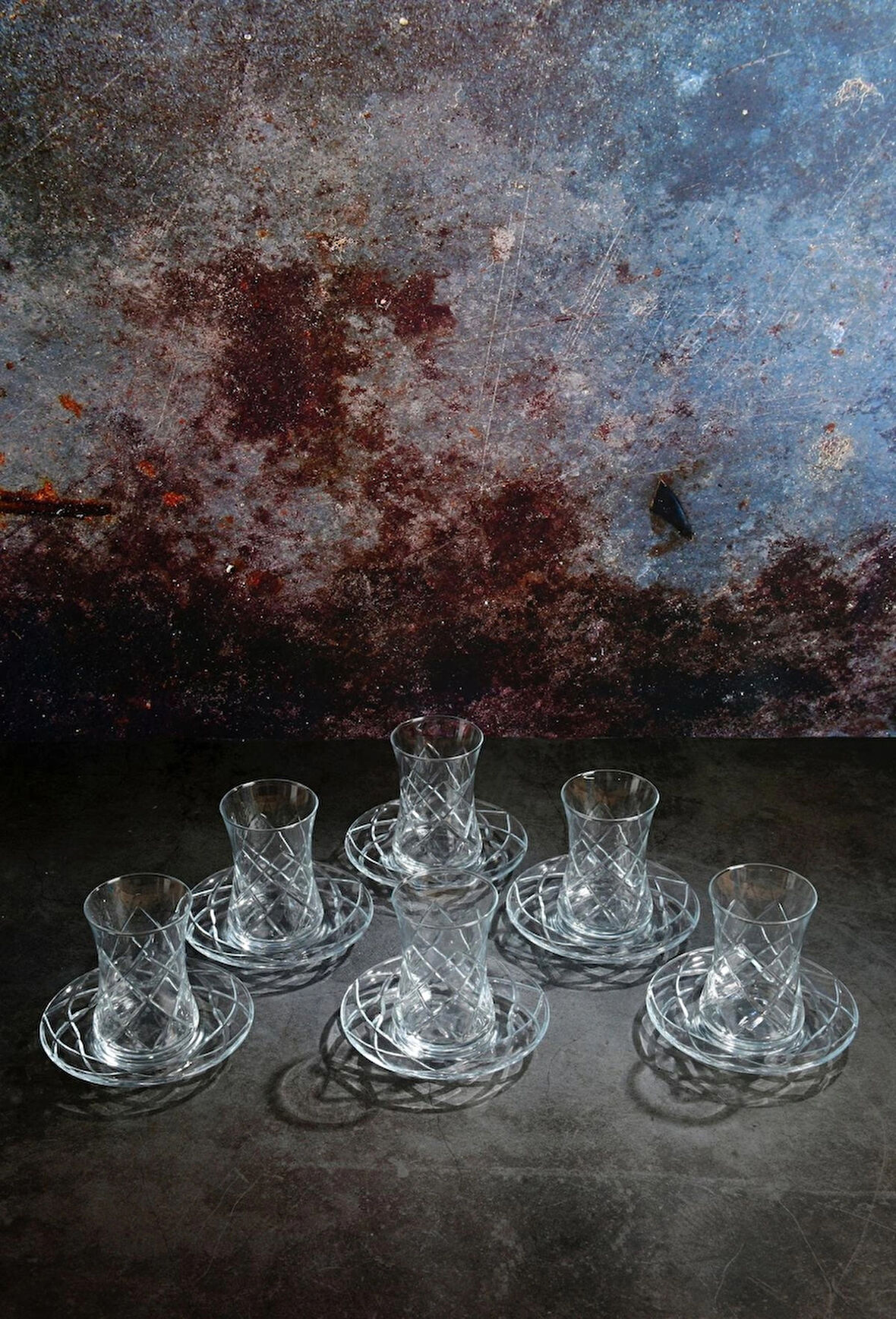 Kristal El Yapımı Çay Takımı – 12 Parça | 6 Bardak 6 Cam Tabak – Tessera Model