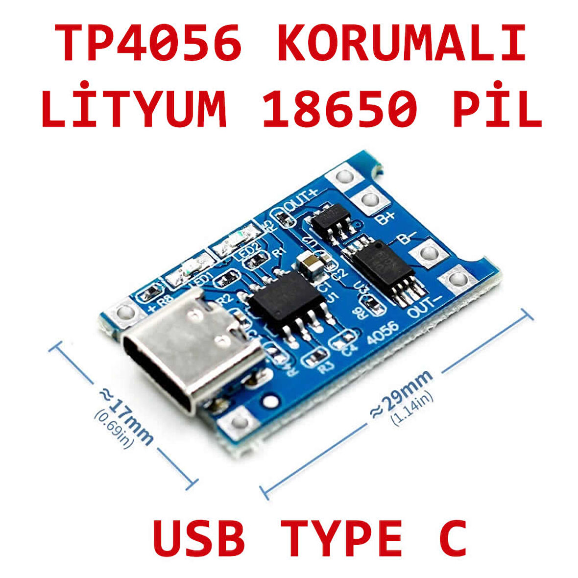TP4056 Korumalı Lityum Pil Şarj Devresi Type C Usb Batarya