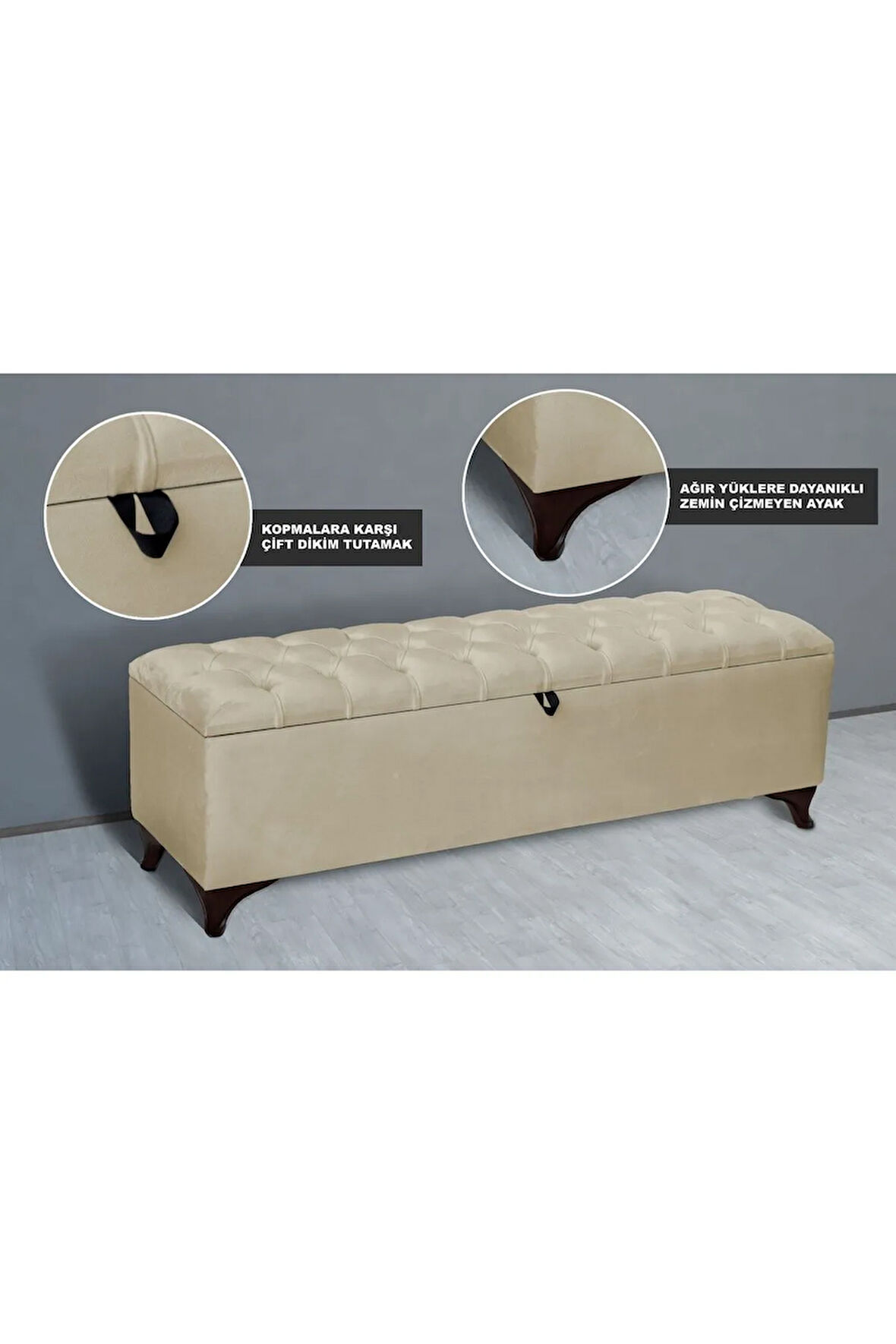 Vetra Chester Model Bej Sandıklı Puf - Kapitoneli Model 140cm Sandıklı Bench