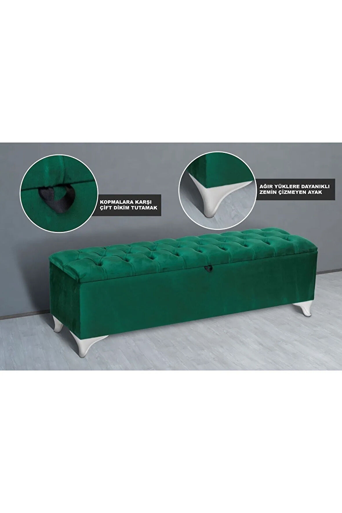 Vetra Chester Model Yeşil Sandıklı Puf - Kapitoneli Model 140cm Sandıklı Bench