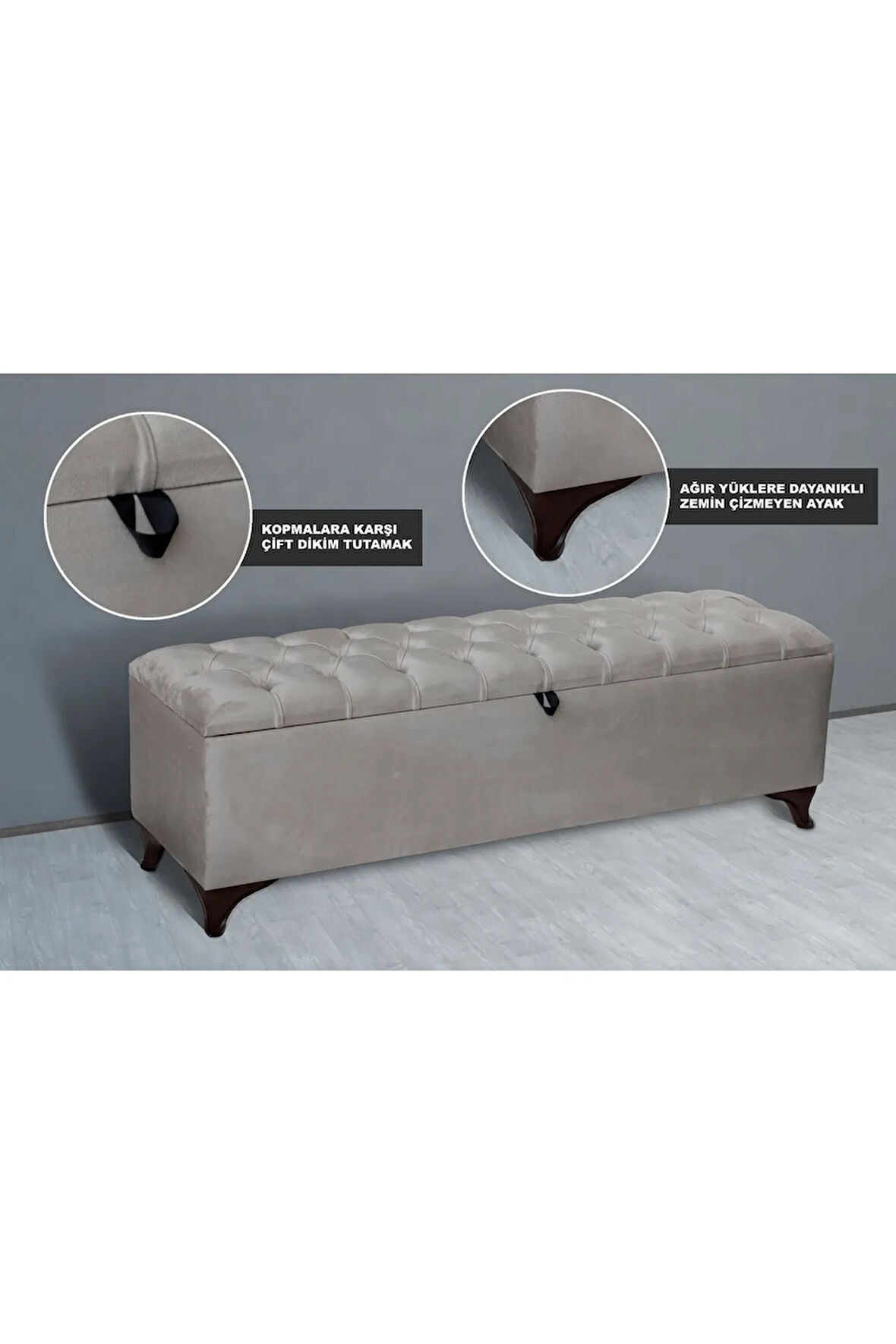 Vetra Chester Model Krem Sandıklı Puf - Kapitoneli Model 140cm Sandıklı Bench