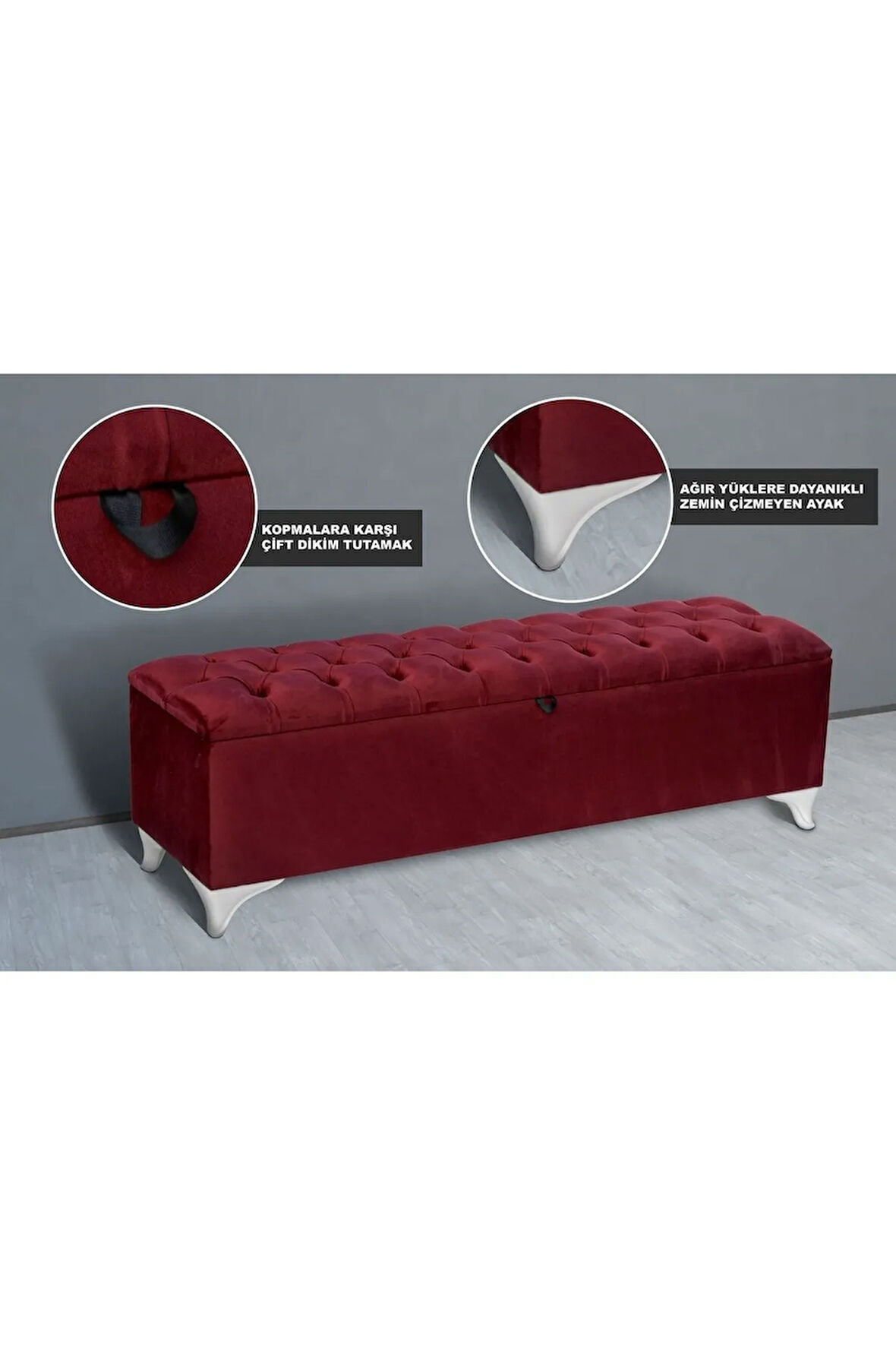 Vetra Chester Model Bordo Sandıklı Puf - Kapitoneli Model 140cm Sandıklı Bench