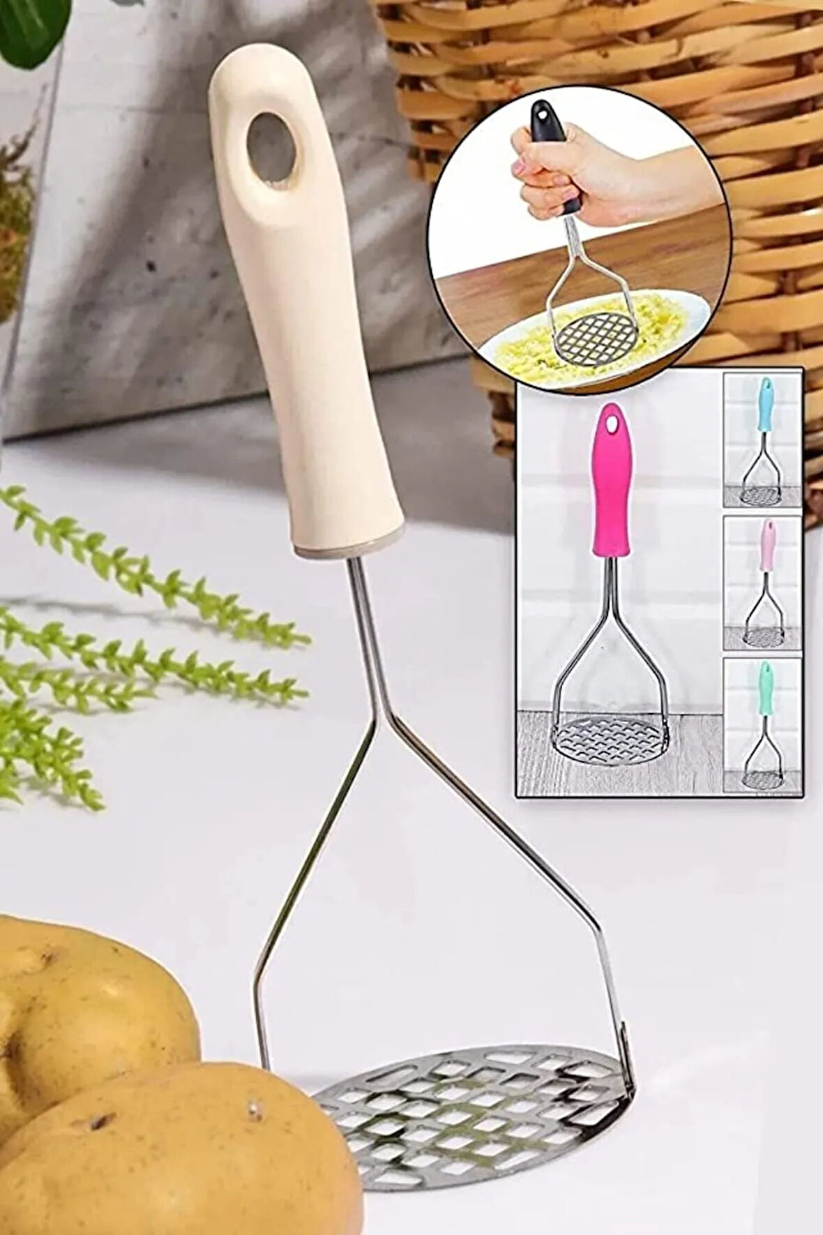 Plastik Saplı Delikli Metal Paslanmaz Patates Muz Yumurta Ezici Püre Yapıcı.Glpzr