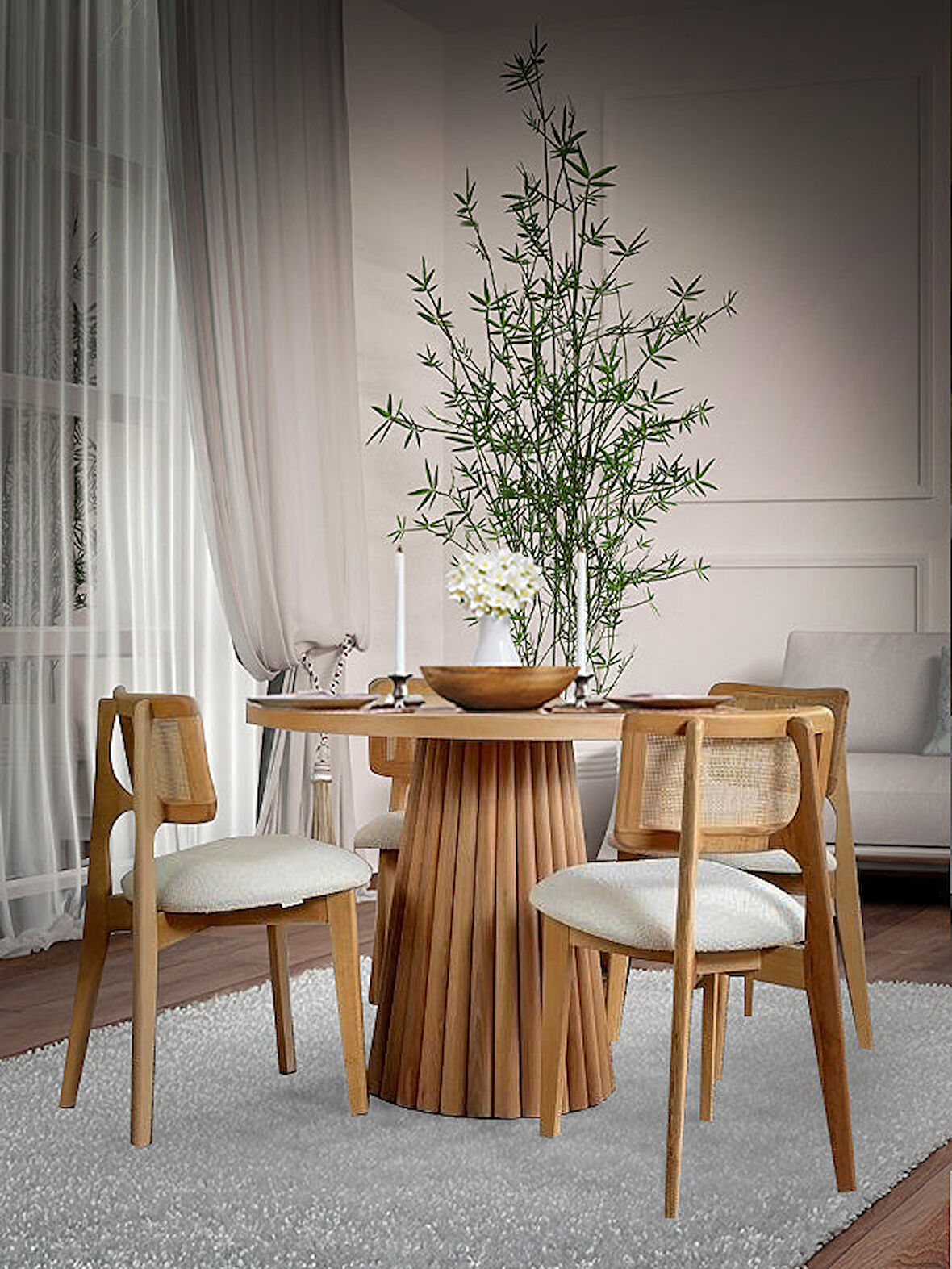 Seraphine İskandinav Natural Ahşap Masa Sandalye Takımı 110x110