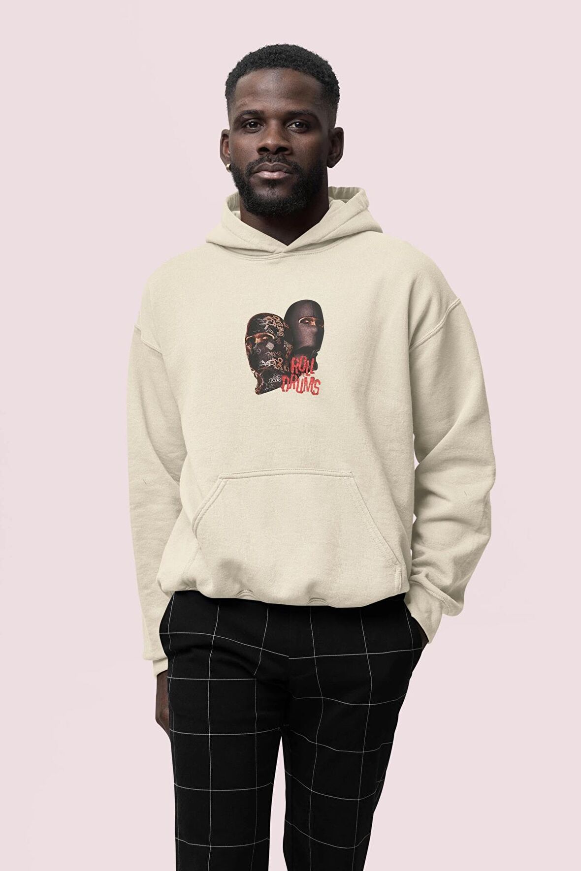 Gang Baskılı Bej Erkek Kapüşonlu 3 iplik Şardonlu Ribanalı Sweatshirt Hoodie