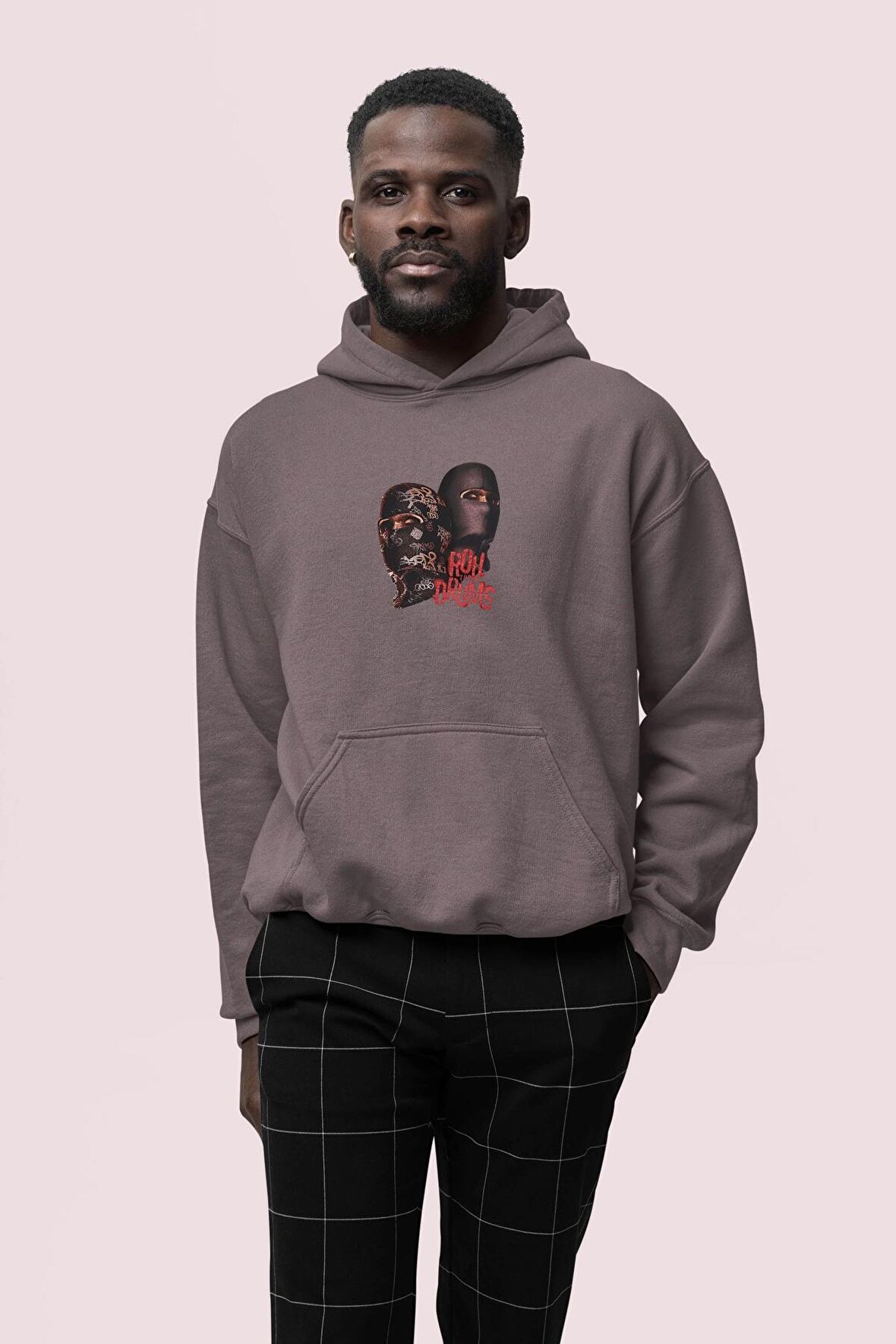 Gang Baskılı Gri Erkek Kapüşonlu 3 iplik Şardonlu Ribanalı Sweatshirt Hoodie