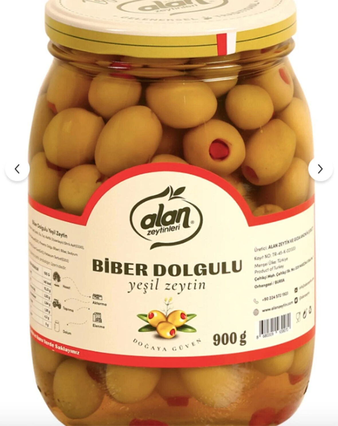 Biber Dolgulu Yeşil Zeytin 141-160 Cam Kavanoz 900 Gr