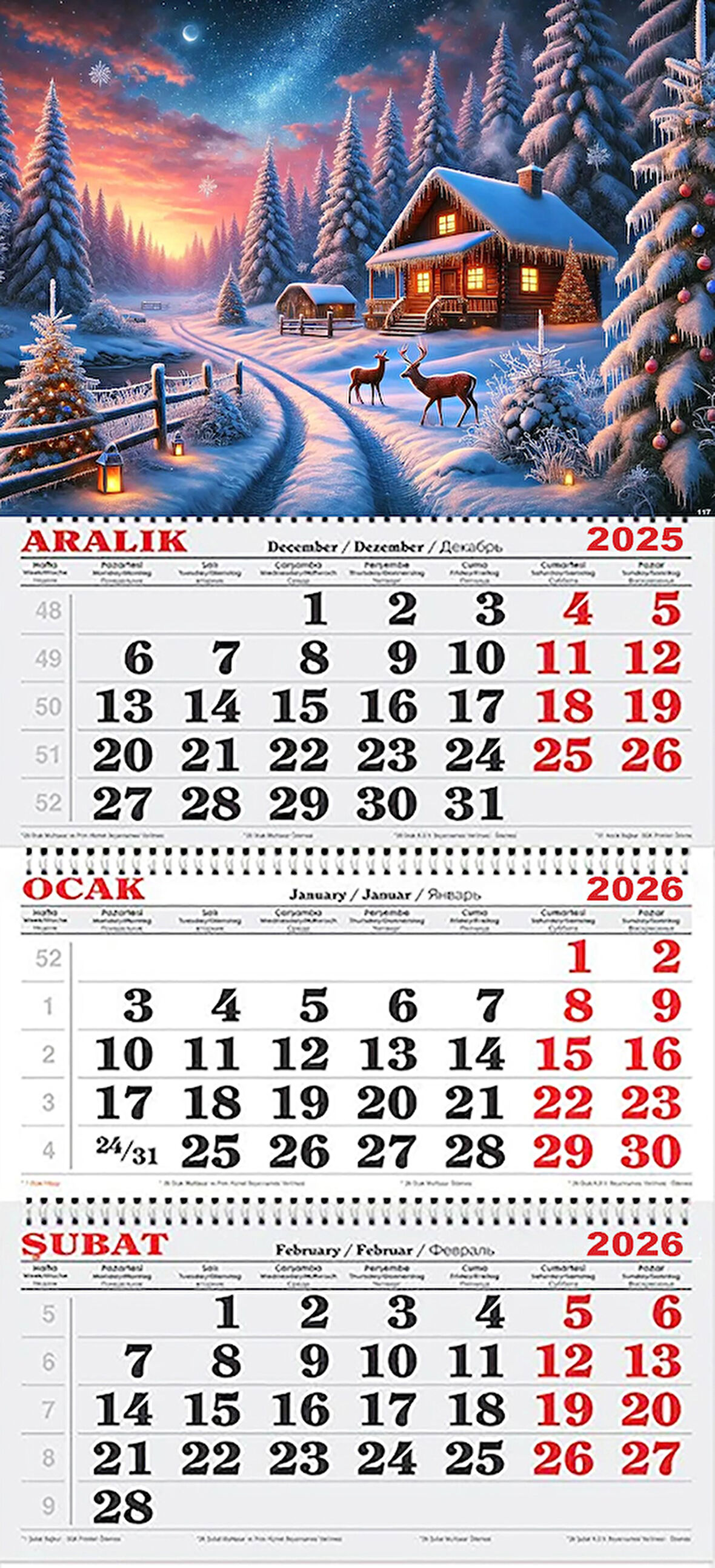 2026 Yılı Gemici Takvimi-Yılbaşı Işıkları, Kar ve Geyikler