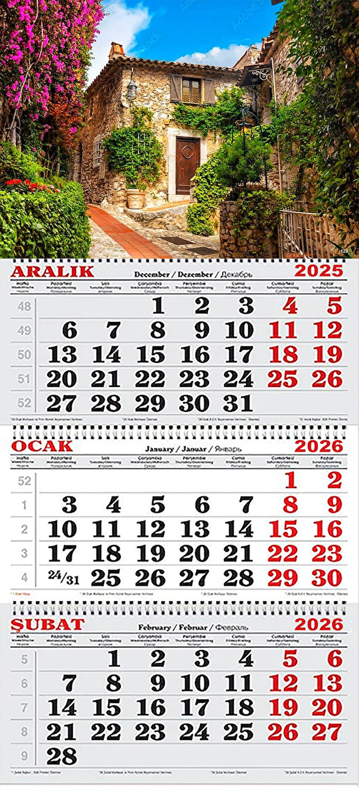  2026 Yılı Gemici Takvimi-Mor Çiçekler ve Köy Evi Eze/FRANSA