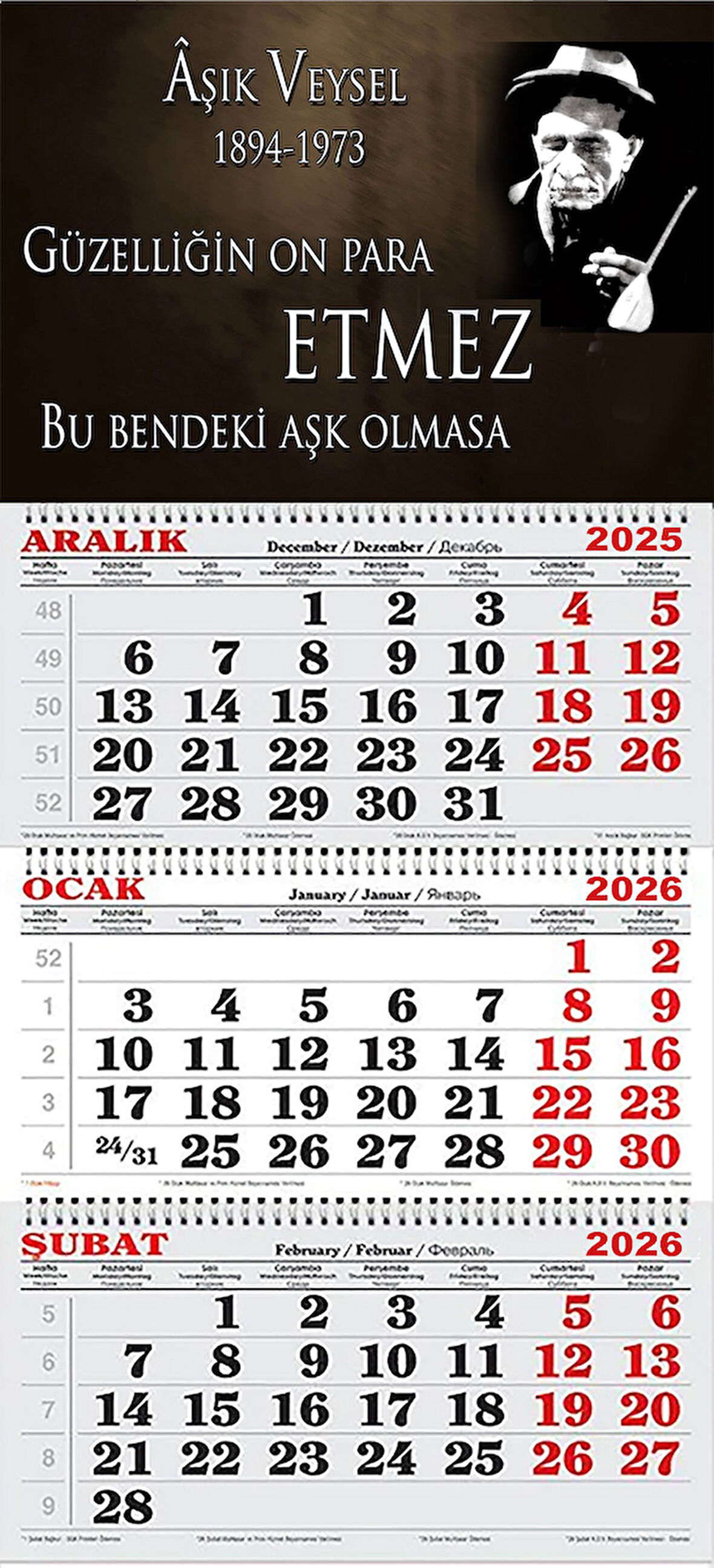 2026 Yılı Gemici Takvimi-Bendeki Aşk Olmasa-Aşık Veysel