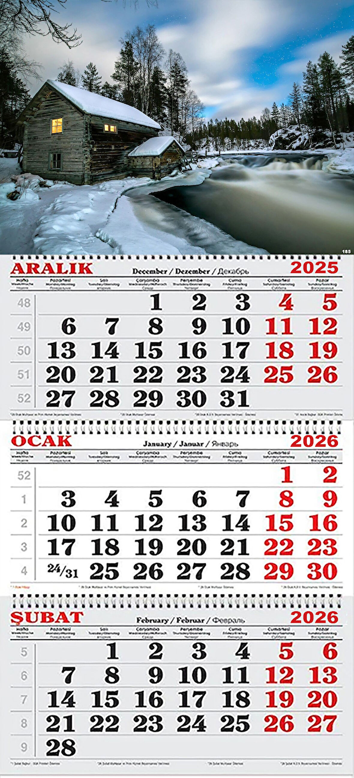 2026 Yılı Gemici Takvimi-Karlar İçinde Kulübe ve Nehir