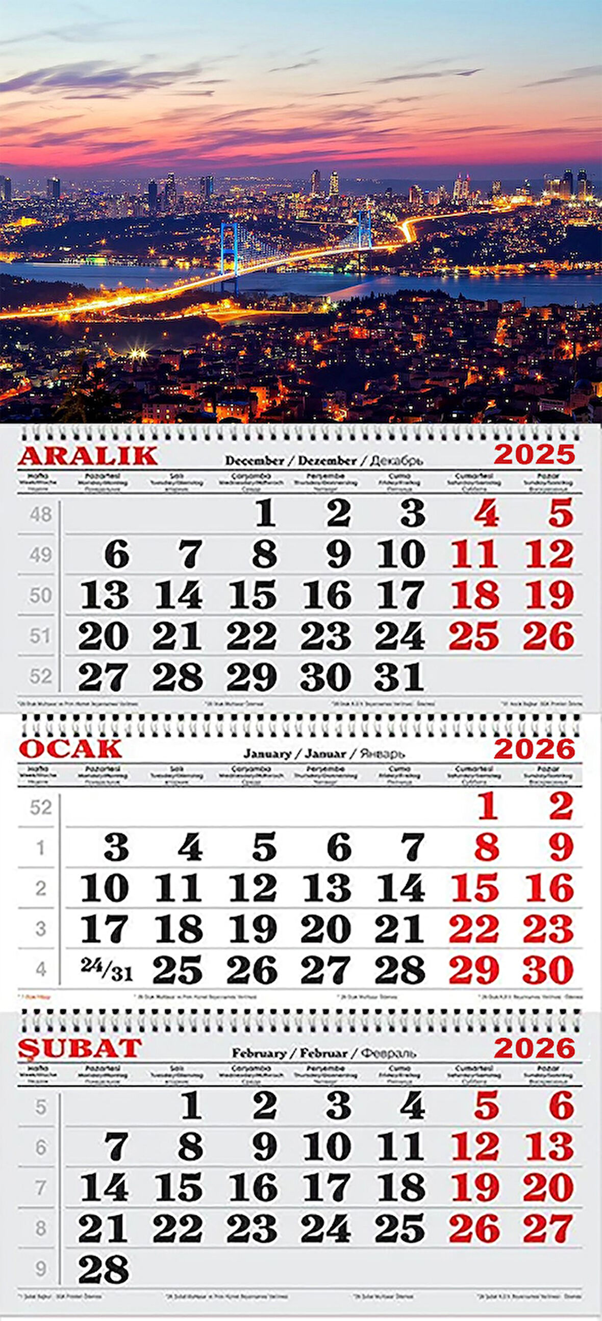 2026 Yılı Gemici Takvimi-Gece Işıklar İçinde İstanbul ve Boğaz Köprüsü