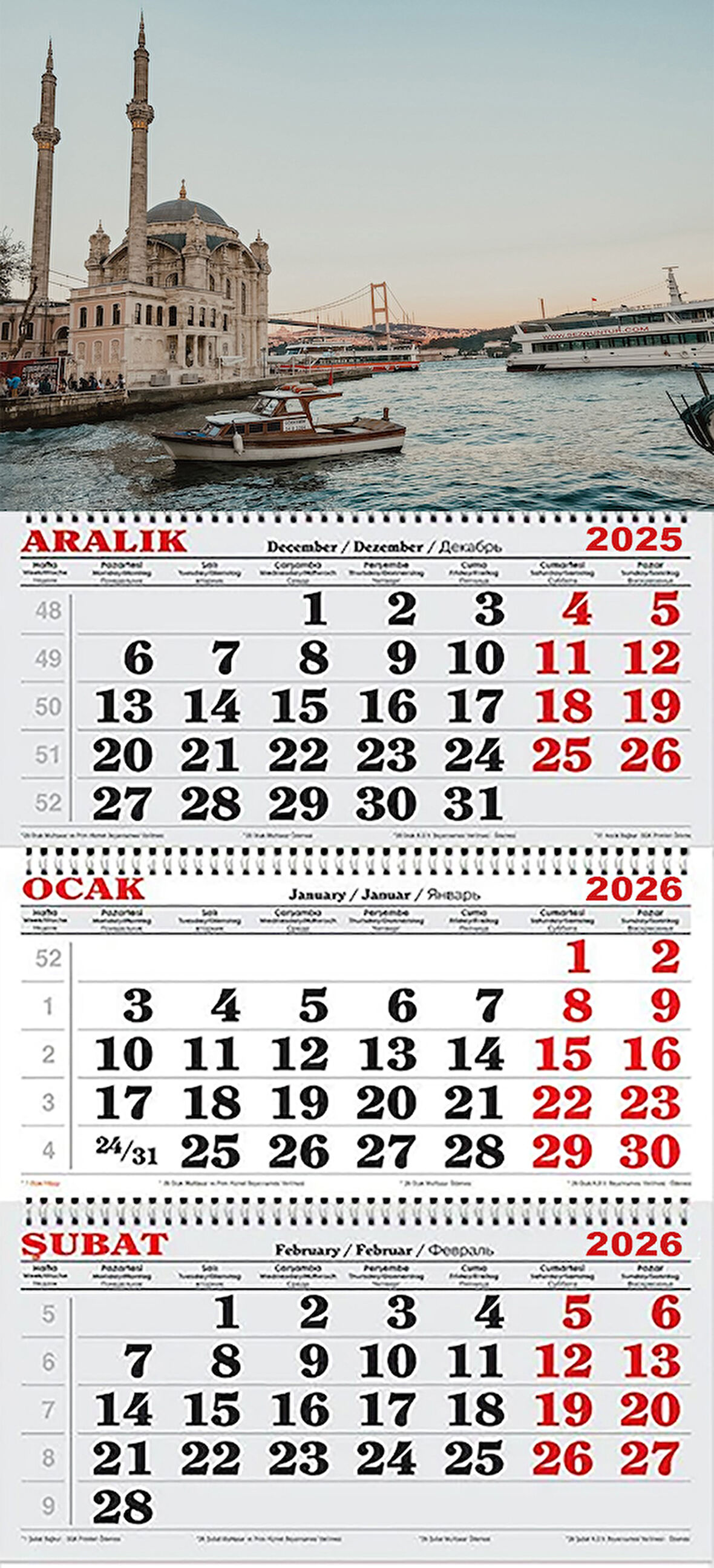 2026 Yılı Gemici Takvimi----İSTANBUL ORTAKÖY VE BOĞAZ MANZARASI