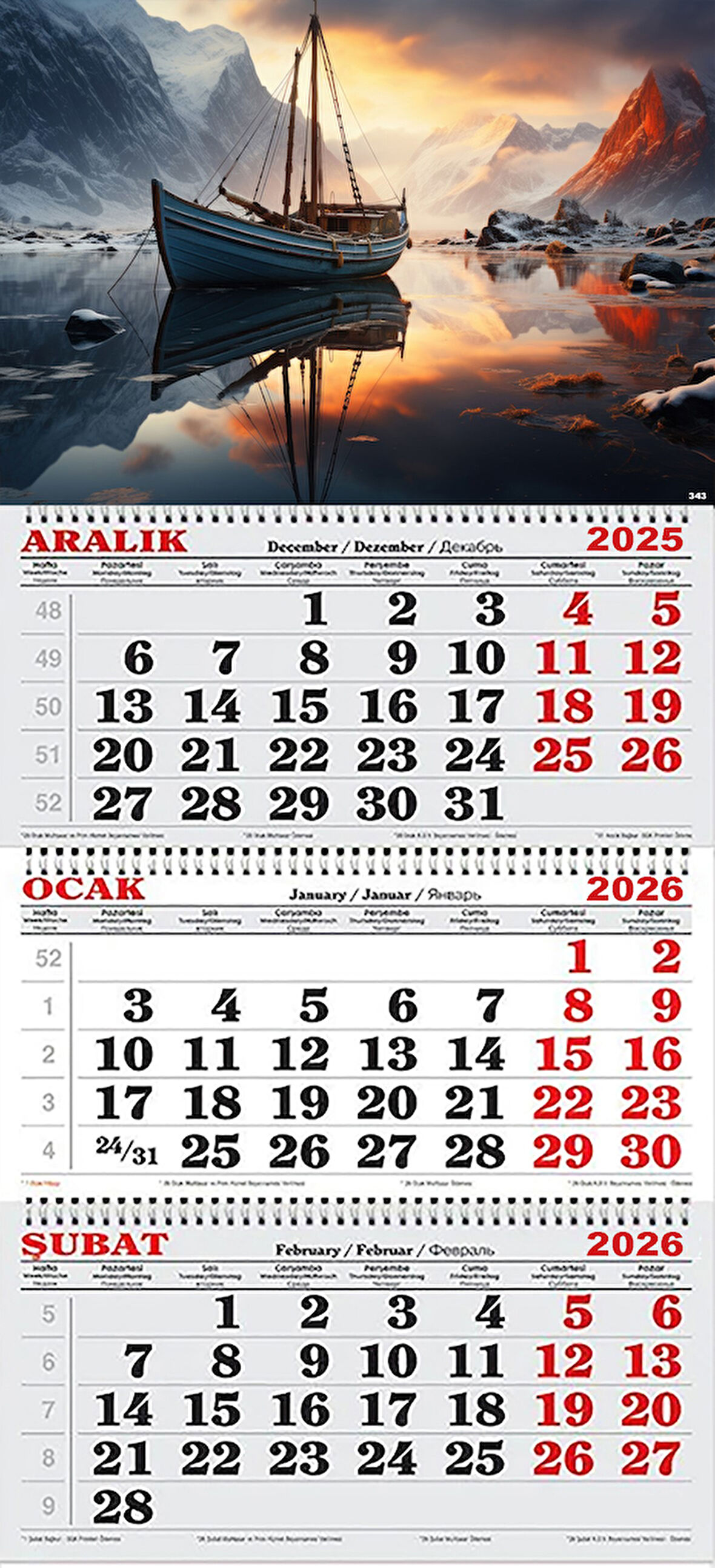 2026 Yılı Gemici Takvimi- Dağlarla Çevrili Gölde Yelkenli Gemi