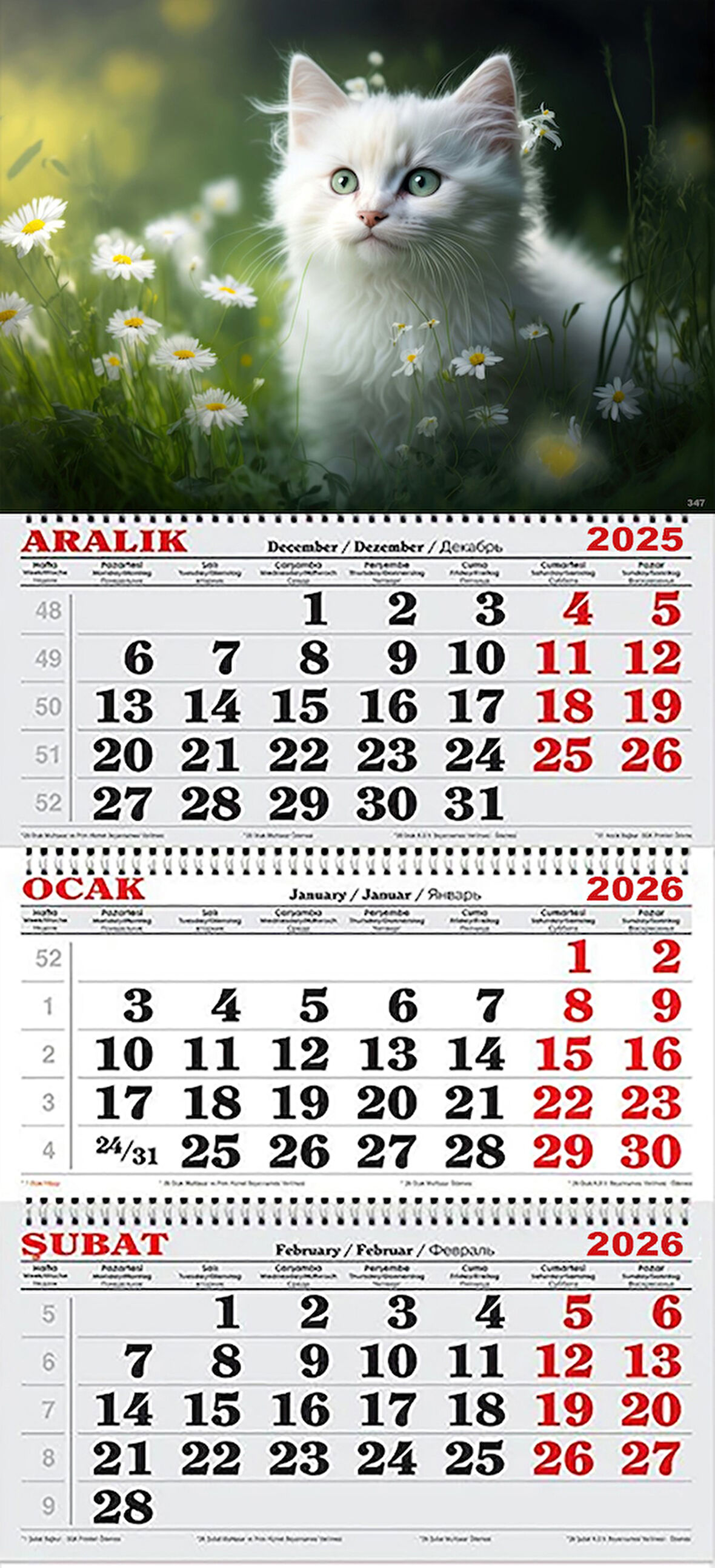 2026 Yılı Gemici Takvimi- Papatyalar ve Beyaz Kedi