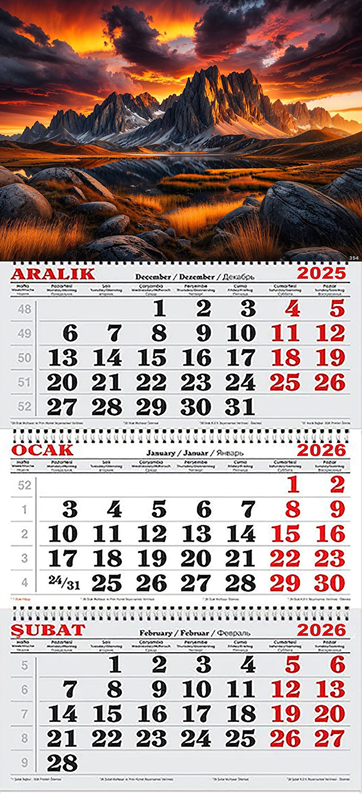 2026 Yılı Gemici Takvimi- Kızıl Gökyüzü ve Dağ Manzarası