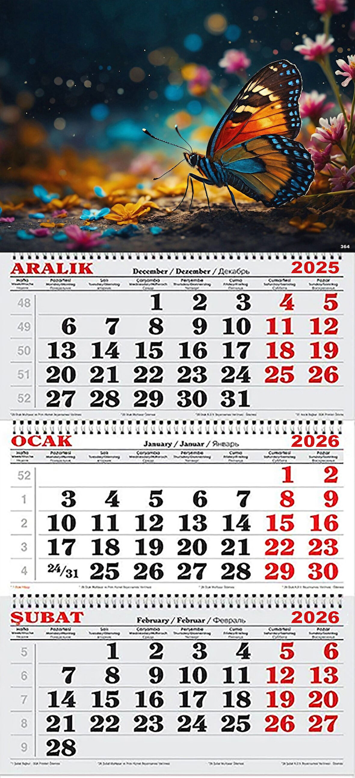 2026 Yılı Gemici Takvimi- Rengarenk Çiçekler ve Kelebek