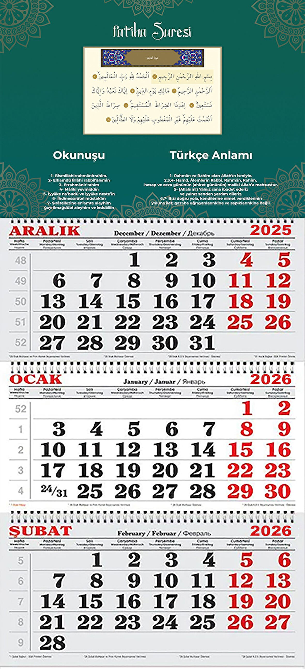 2026 Yılı Gemici Takvimi-Fatiha Suresi