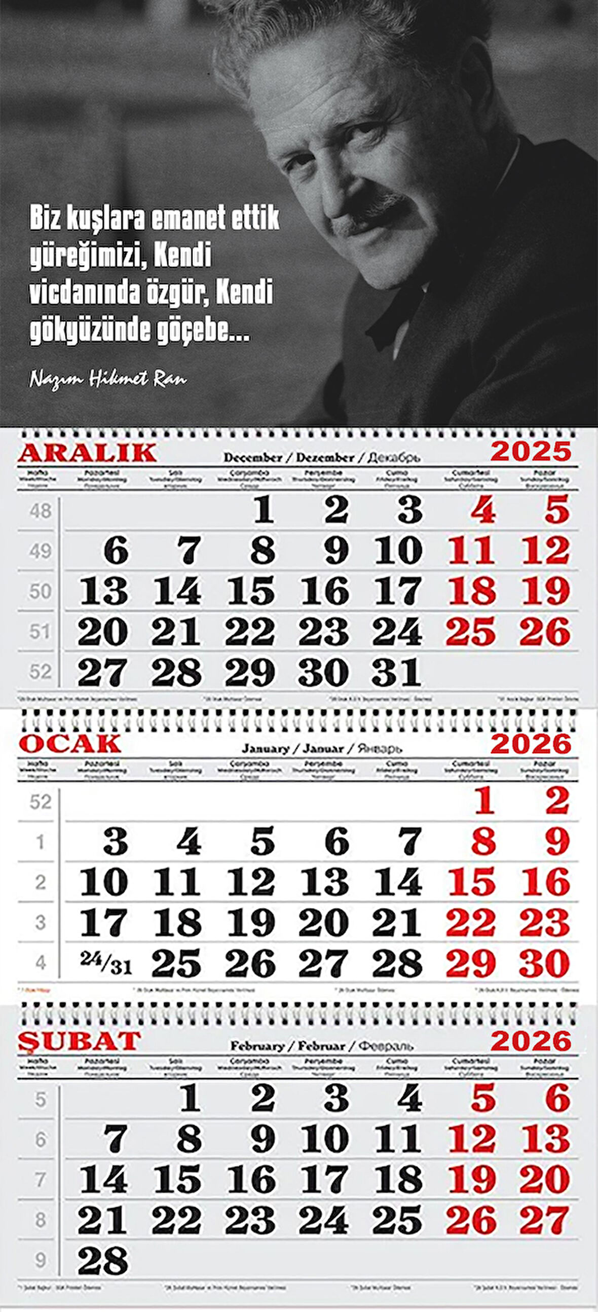 2026 Yılı Gemici Takvimi-Biz Kuşlara Emanet ettik yüreğimizi-NAZIM HİKMET