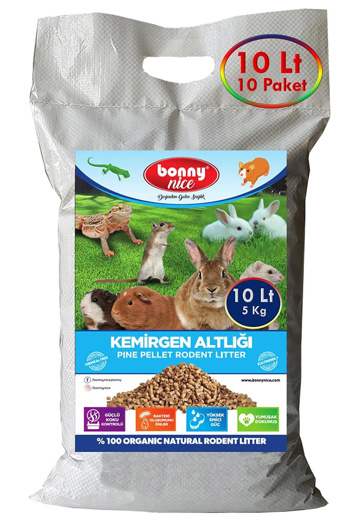 Bonny Nice Doğal Çam Pelet Ginepig Kafes Altlığı 5 Kg 10 Lt (10 Adet)