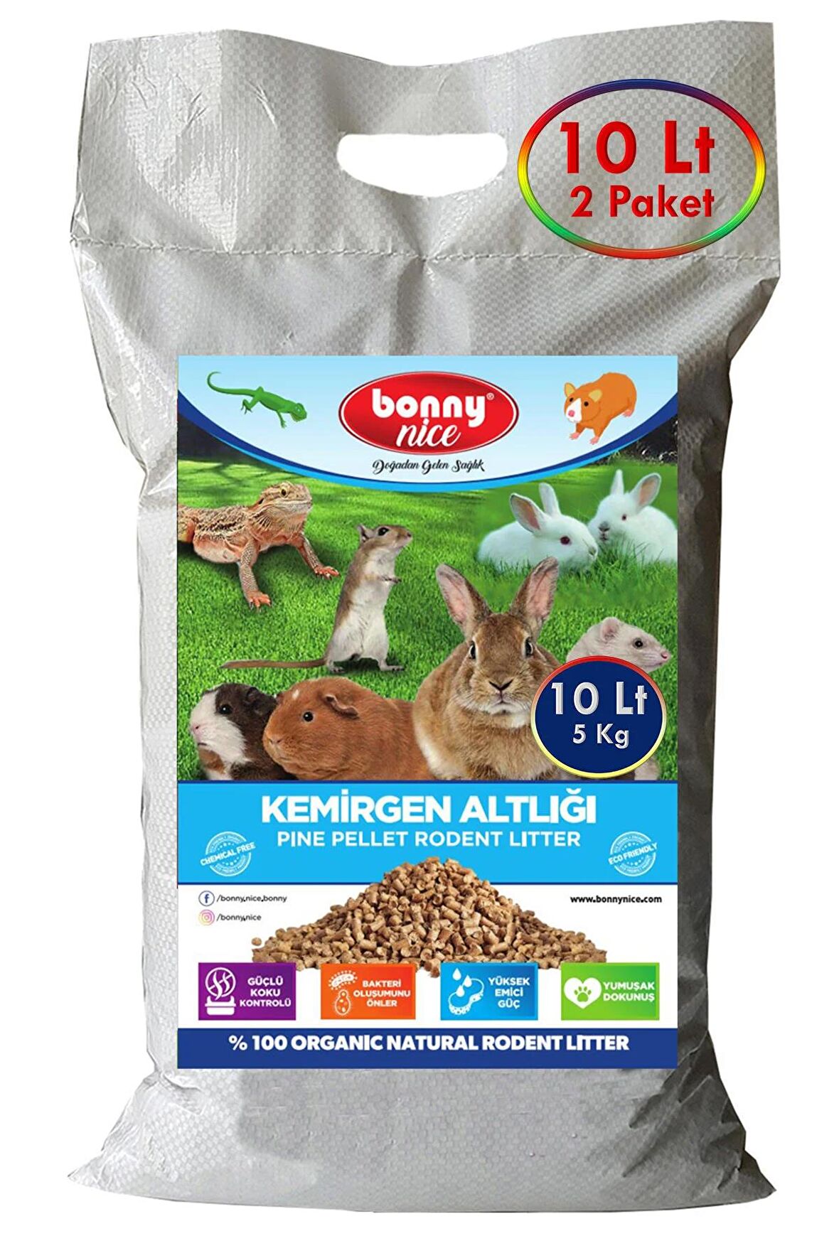 Bonny Nice Doğal Çam Pelet Ginepig Kafes Altlığı 5 Kg 10 Lt (2 Adet)