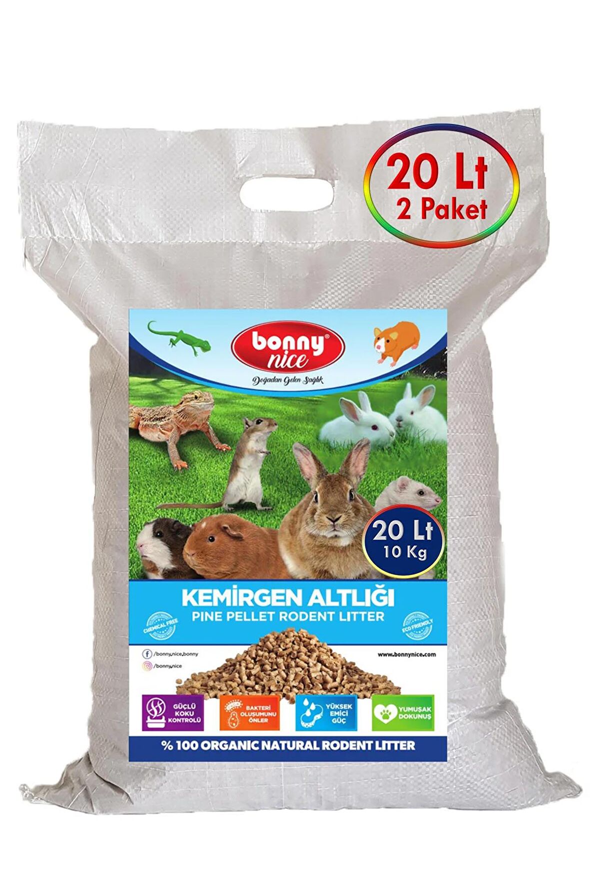 Bonny Nice Doğal Çam Pelet Ginepig Kafes Altlığı 10 Kg 20 Lt (2 Adet)