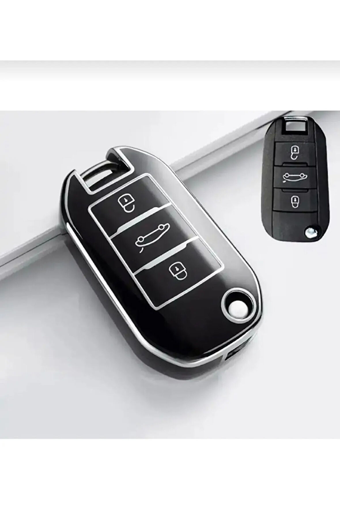 Peugeot 301 308 208 508 2008 3008 Citroen C3 C4 Opel Combo Nano Sustalı Anahtar Kılıfı Siyah Gümüş