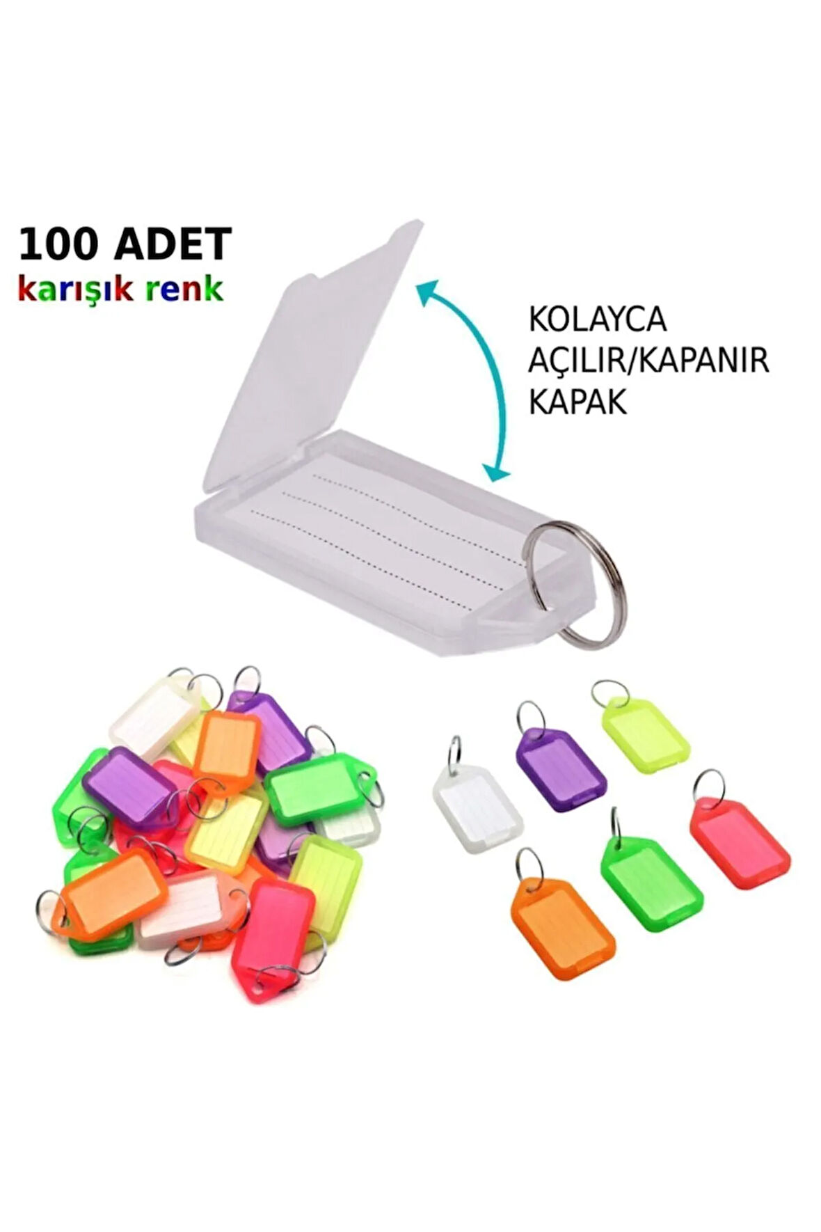 100x Anahtarlık Kapaklı Büyük Plastik Etiket Kimlik Isimlik Isim Yazı Yazmalık (KARIŞIK RENK)
