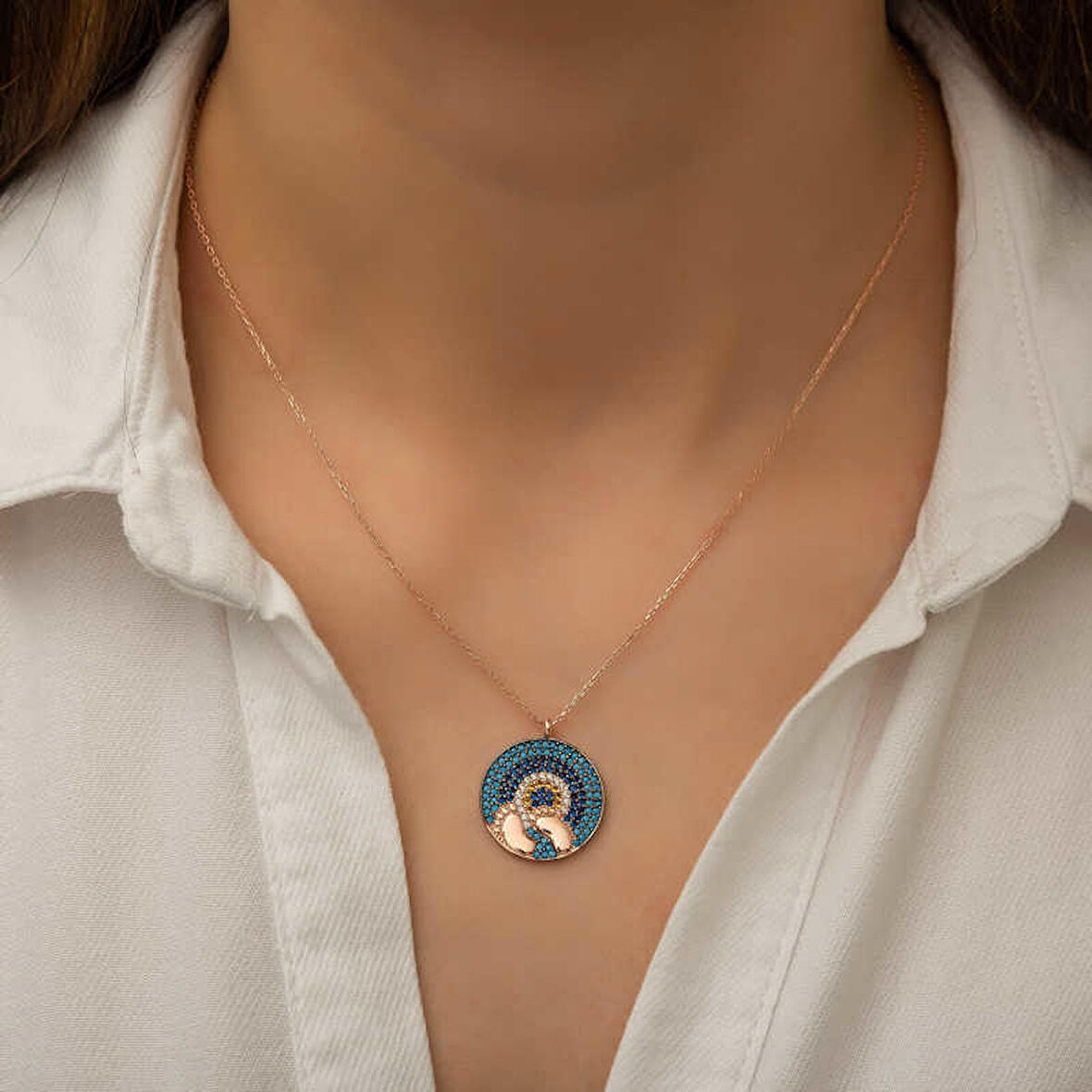 Gümüş Rose Nazarlı Bebek Ayak İzi Kadın Kolye