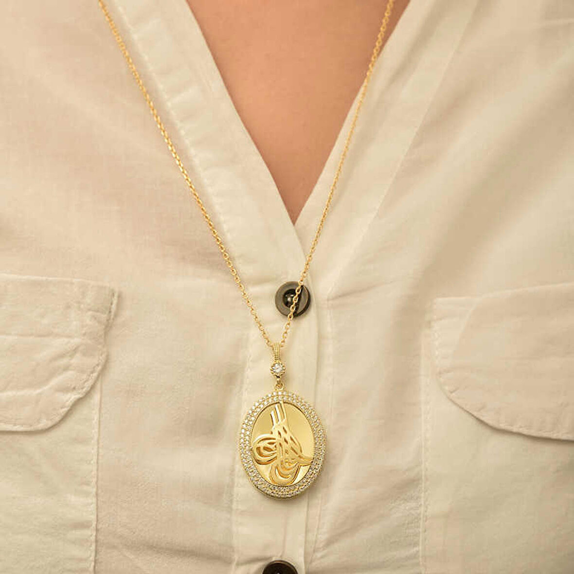 Gümüş Gold Tuğralı Oval Kadın Kolye