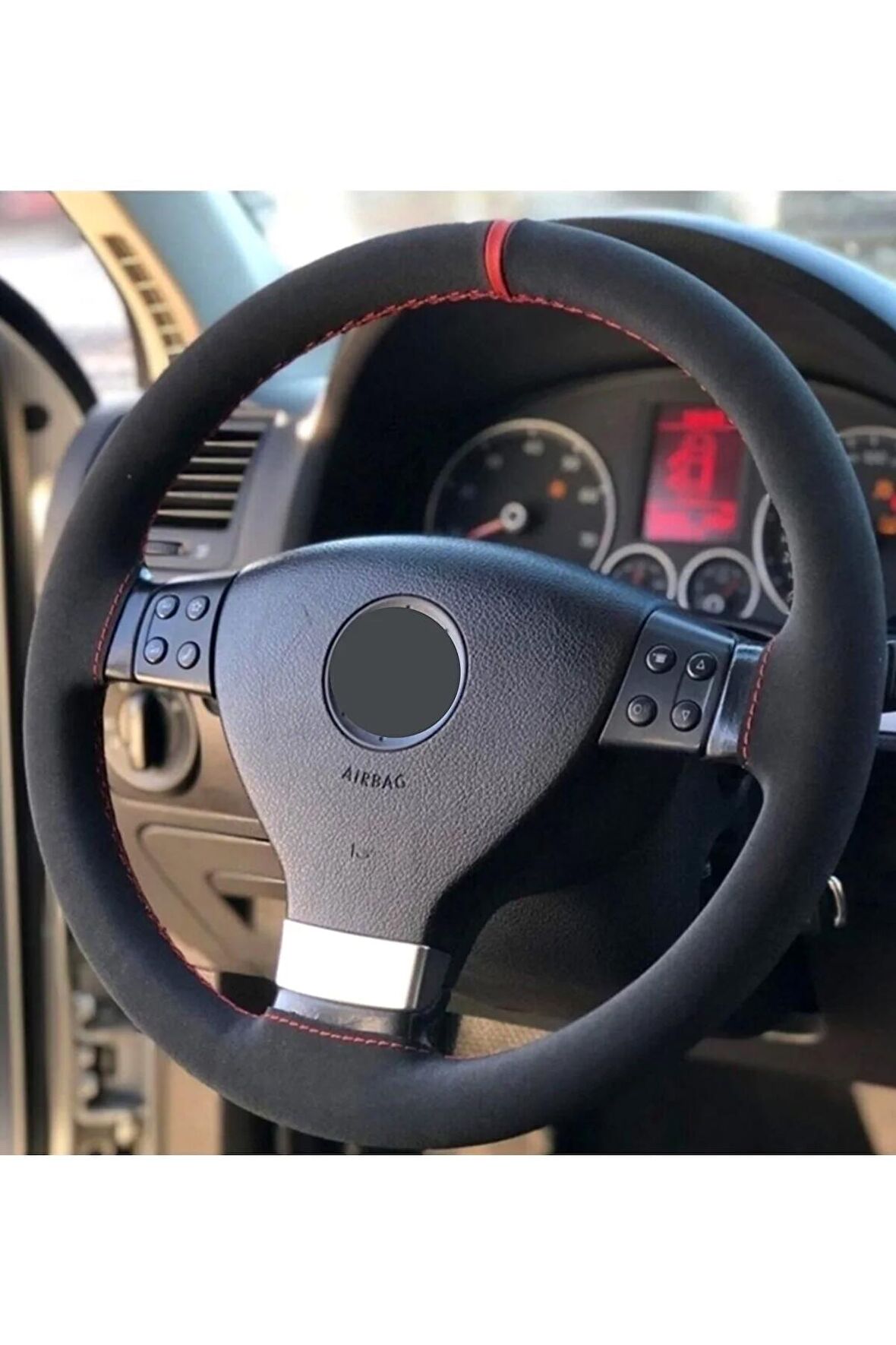 Vw Golf 5 Uyumlu Alkantara Dikmeli Direksiyon Kılıfı Kırmızı Yüzüklü