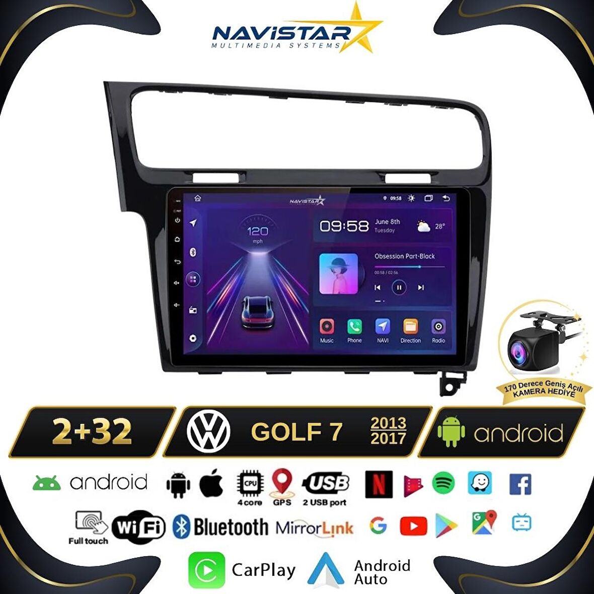 VW Golf 7  Kablosuz Carplay 2+32 GB Android 13 Navigasyon Multimedya Sistemi
