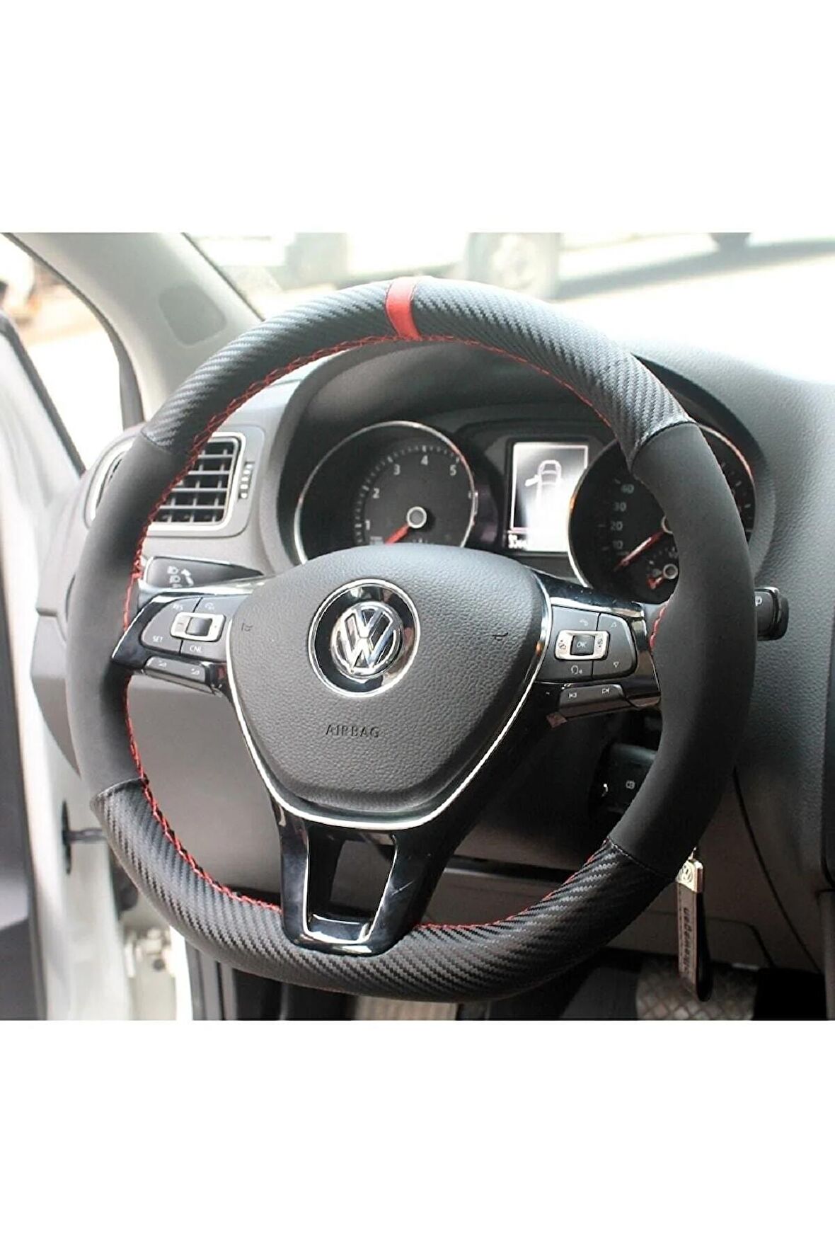 Volkswagen Golf 7 Dikmeli Direksiyon Kılıfı Carbon Desenli Alkantra Kımızı Yüzük